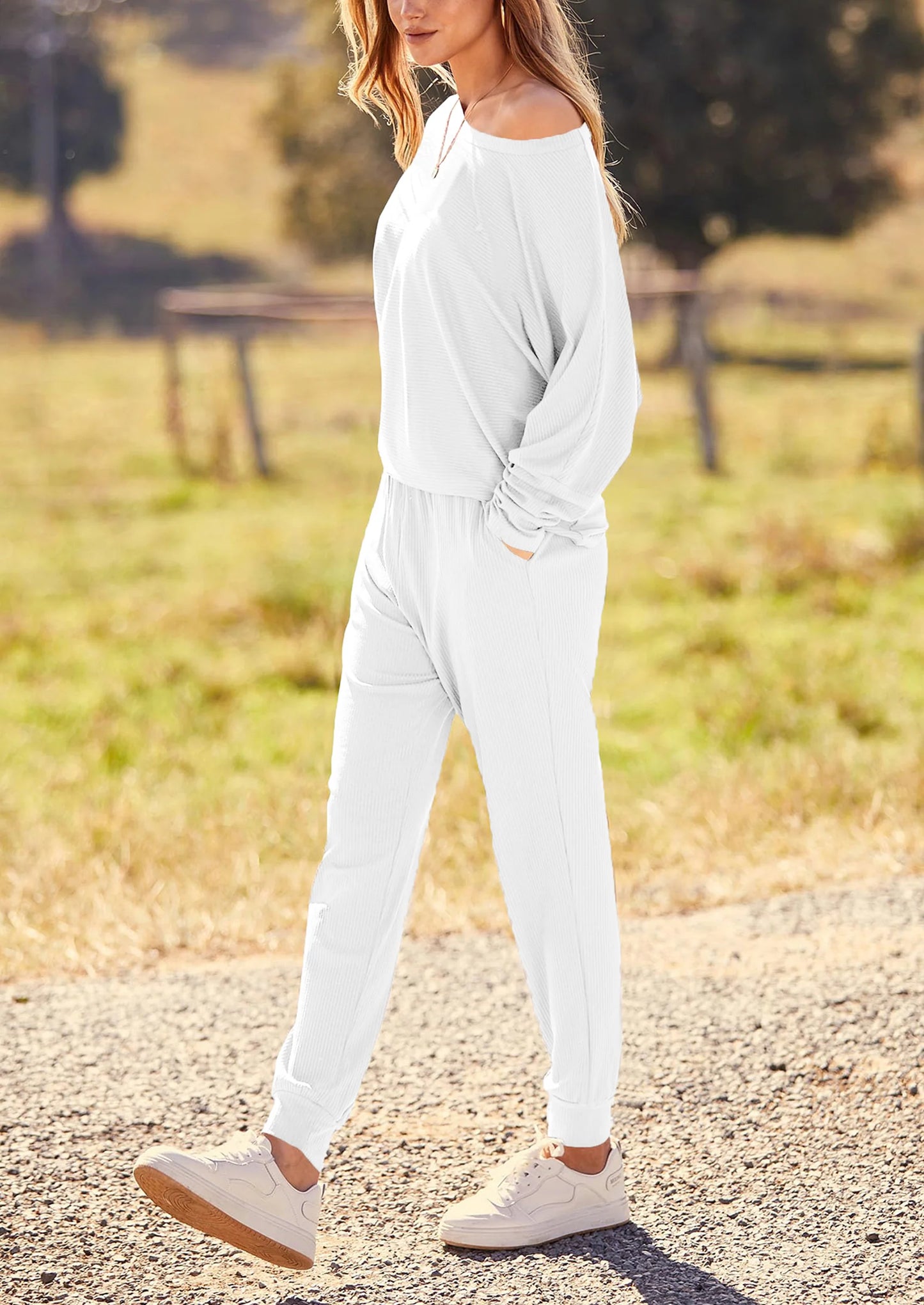 Women's Fall 2 Piece Lounge Set Long Sleeve Tops Ribbed Pants Spring Matching Sweatsuit Travel Outfits Clothes