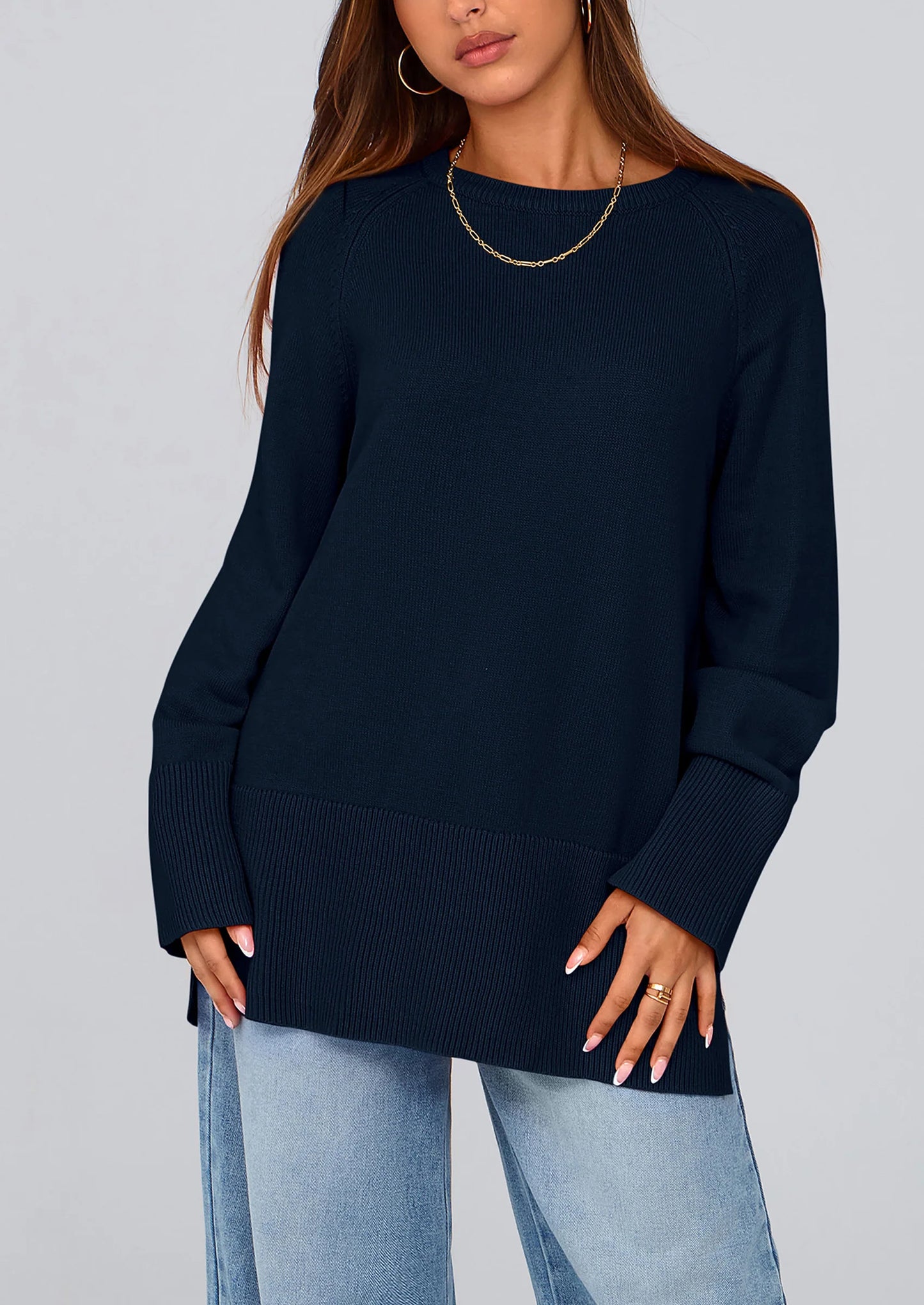 Women's Knit Fall Sweaters Long Sleeve Pullover Crewneck Split Hem Oversized Tunic Sweater Tops Winter Clothing