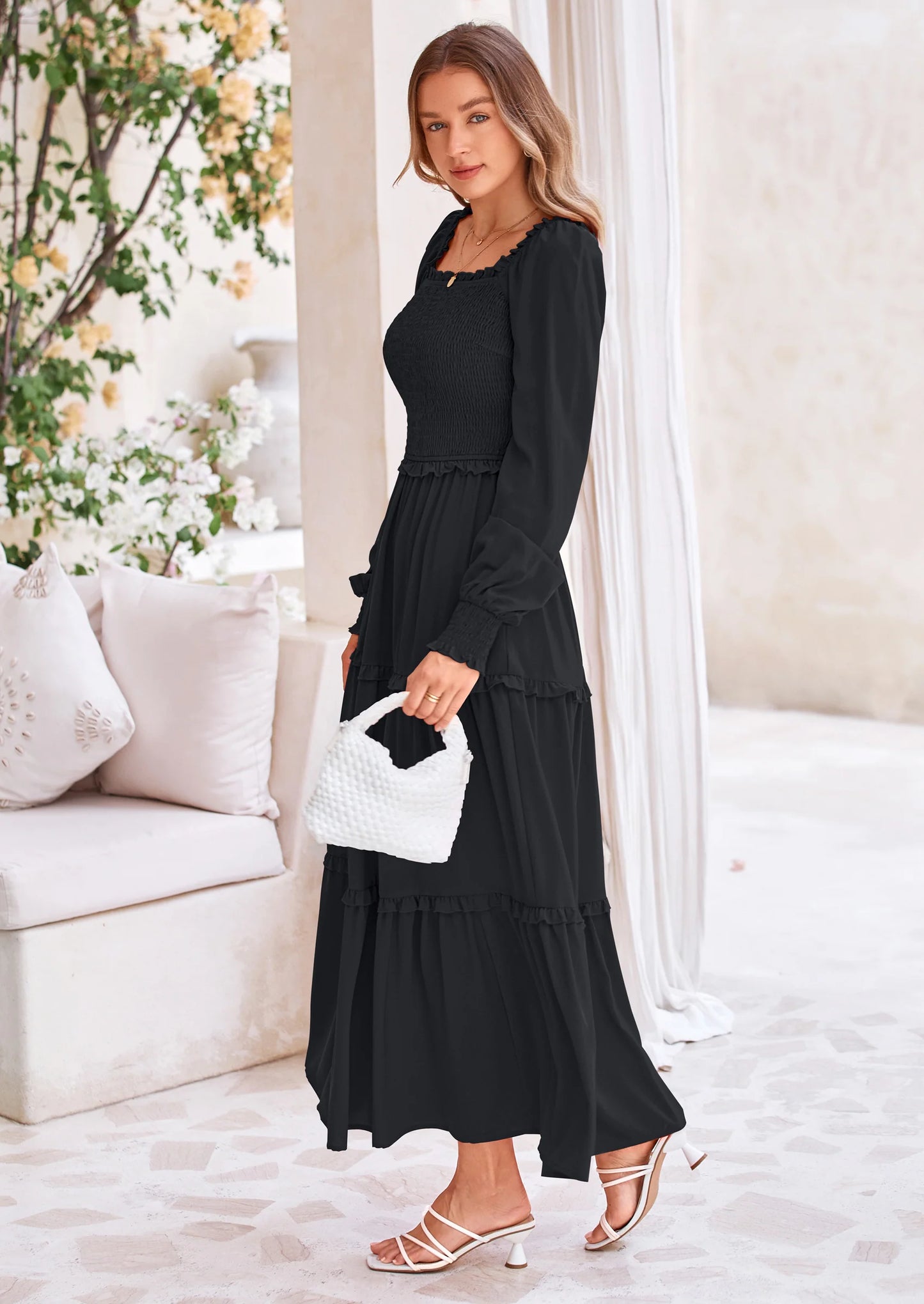 Fall Wedding Guest Dresses for Women Long Sleeve Square Neck Tiered A Line Modest Elegant Flowy Dresses