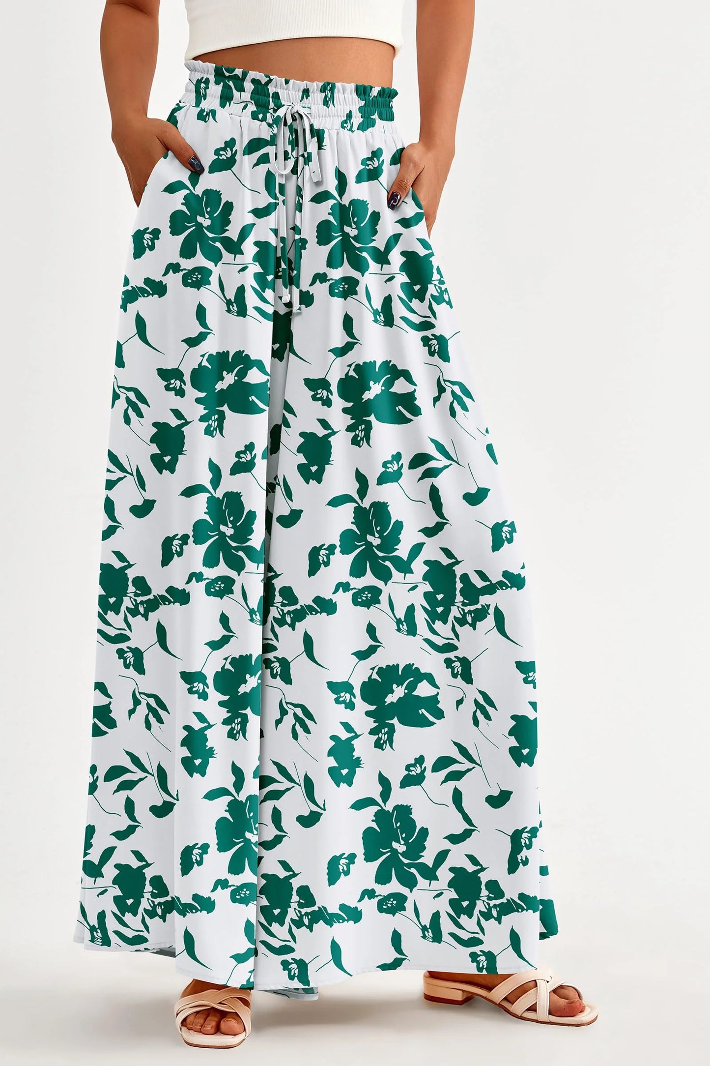 Women's Summer Wide Leg Palazzo Pants High Waisted Flowy Pockets Trendy Casual Lounge Boho Beach Trousers