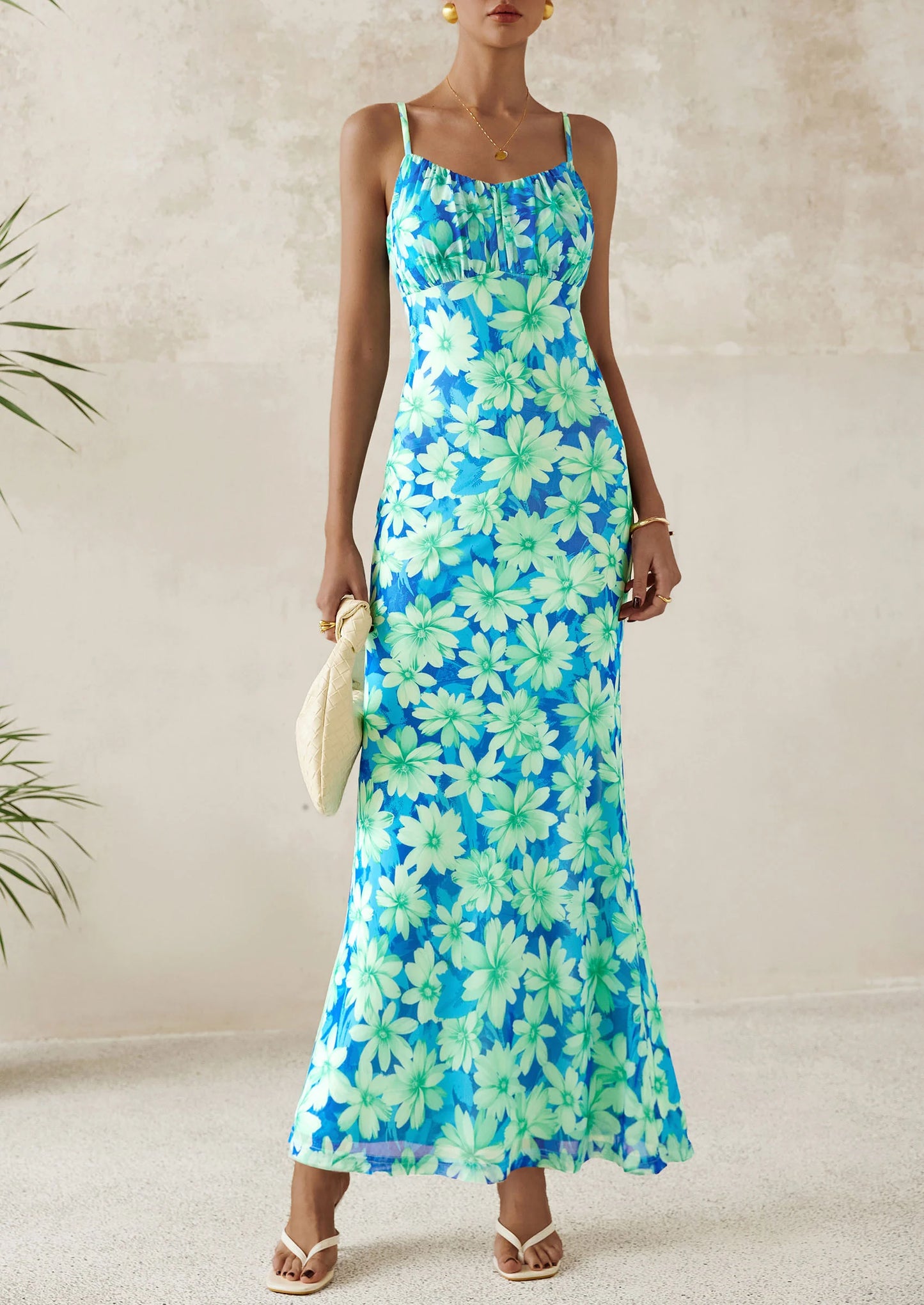 Women's Bodycon Maxi Dress Floral Sundress Sleeveless Spaghetti Strap Cocktail Party Dress