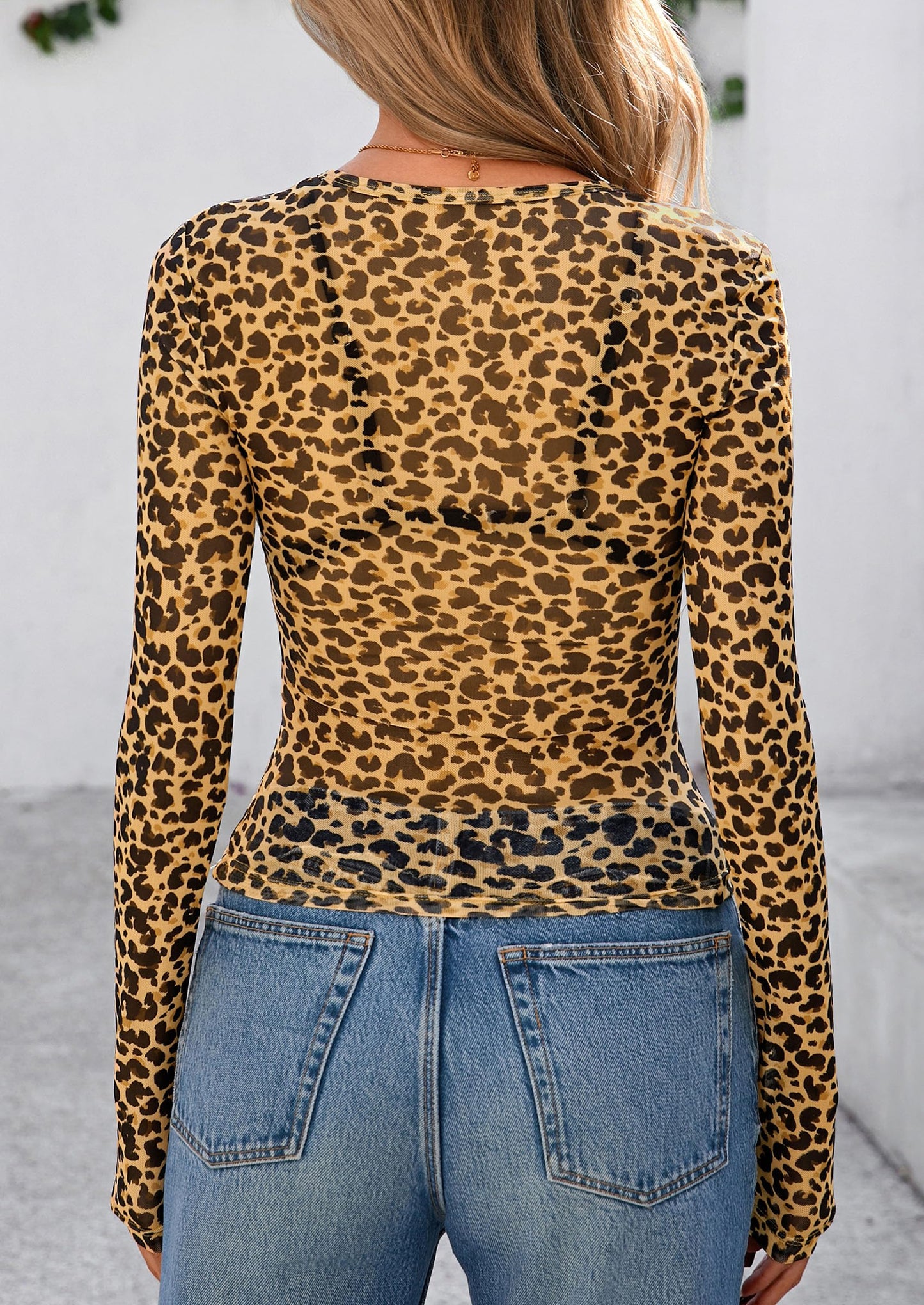 Women's Mesh Long Sleeve Top Trendy Fall See Through Sheer Blouse Leopard Fitted Going Out Layering Shirts