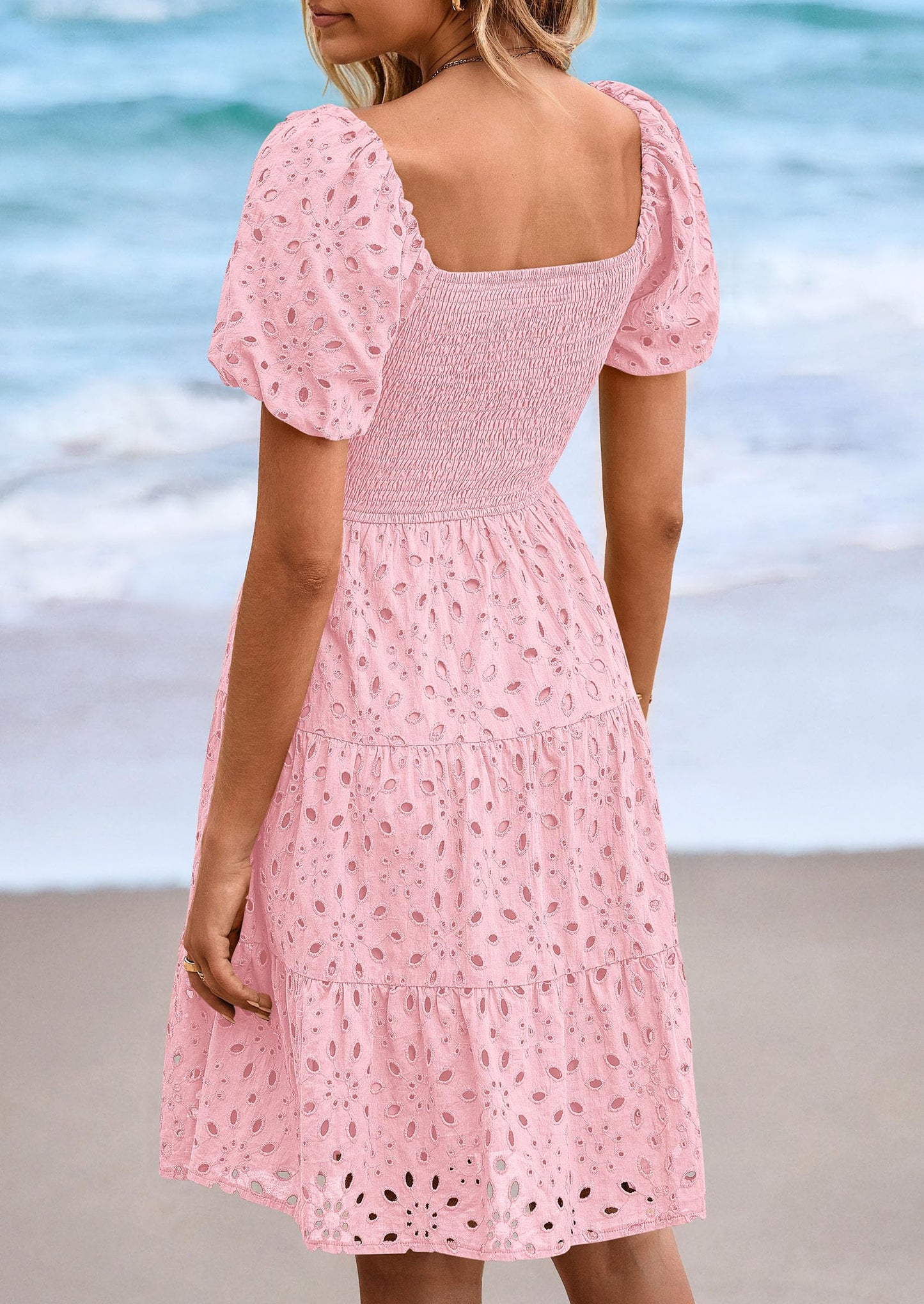 Womens Summer Puff Sleeve Mini Dress Off Shoulder Eyelet Smocked A Line Casual Babydoll Short Dresses