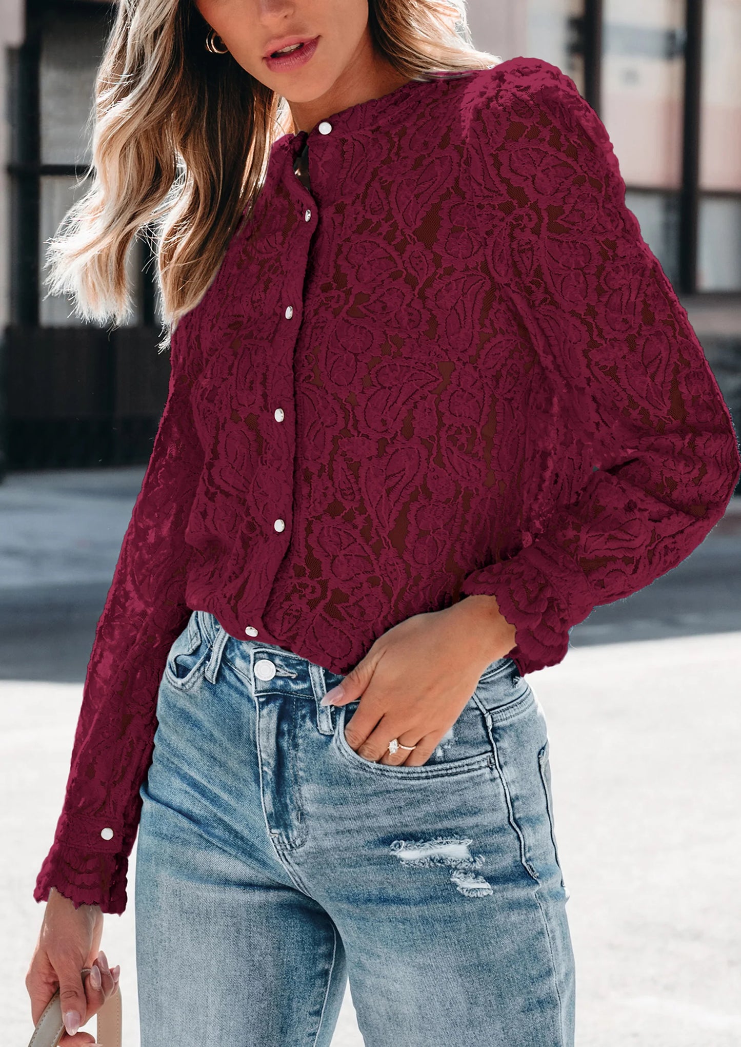 Women's Dressy Casual Lace Blouse Long Sleeve Button Up Shirts Tops Spring Fall Fashion Clothes
