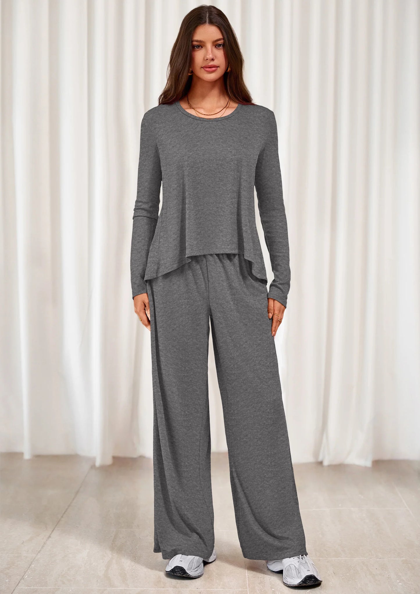 Women's 2 Piece Fall Sets  Casual Long Sleeve Shirts Wide Leg Pants Lounge Travel Outfits Fashion Clothing