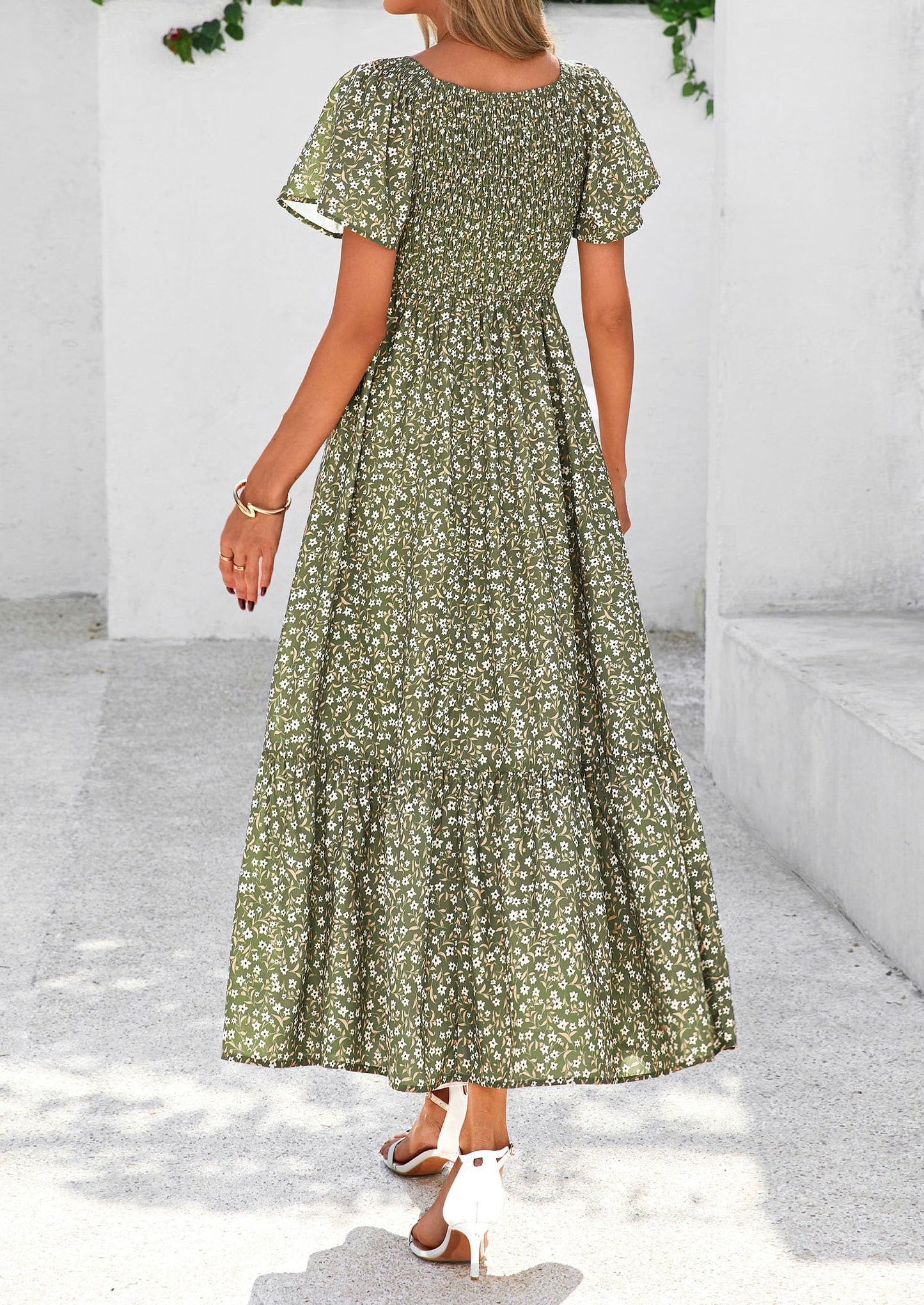 Women Floral Boho Maxi Dresses Short Sleeve V Neck Smocked A Line Long Flowy Beach Vacation Dress