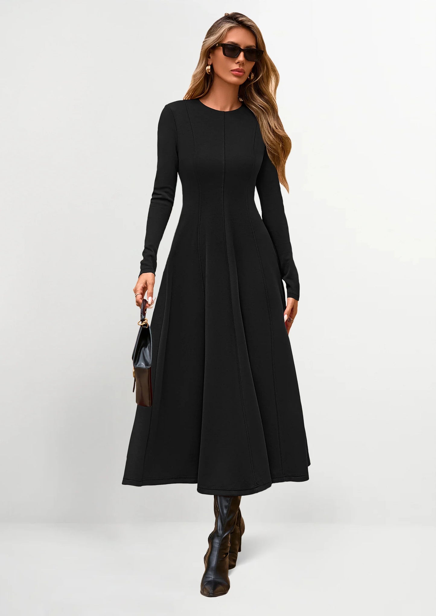 Women's Fall Long Sleeve Midi Dress Casual Elegant Ruffle Flowy A Line Swing Cocktail Party Dresses