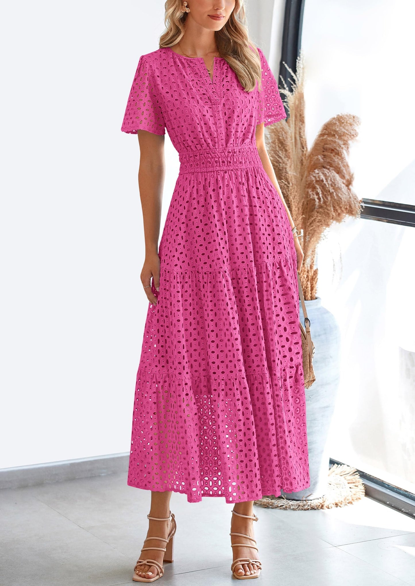 Womens Maxi Dress Short Sleeve V Neck Hollow Out Eyelet A Line Long Flowy Beach Vacation Dresses