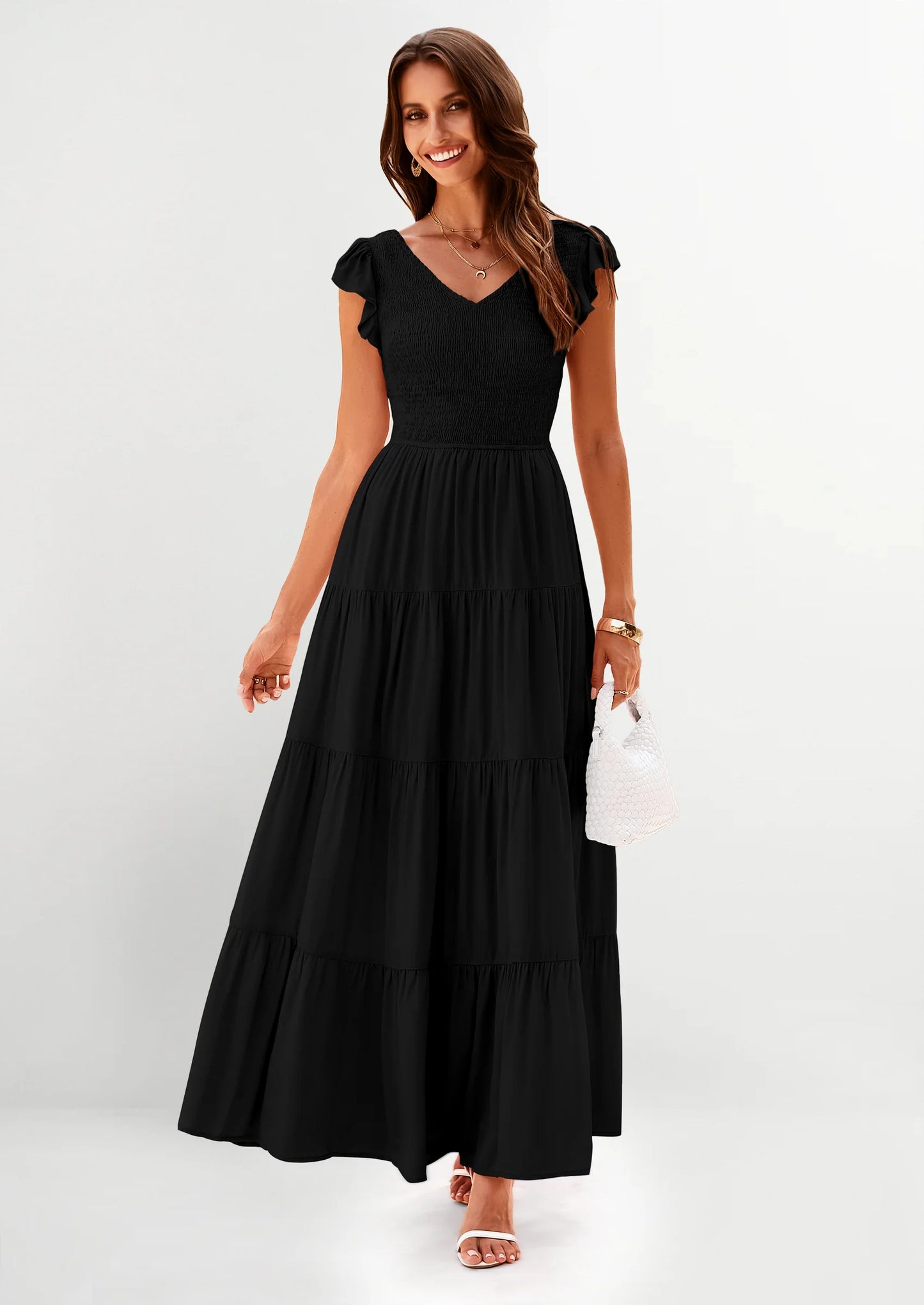 Women's Flowy Maxi Dress Casual Cap Sleeve V Neck Smocked Beach Sundress