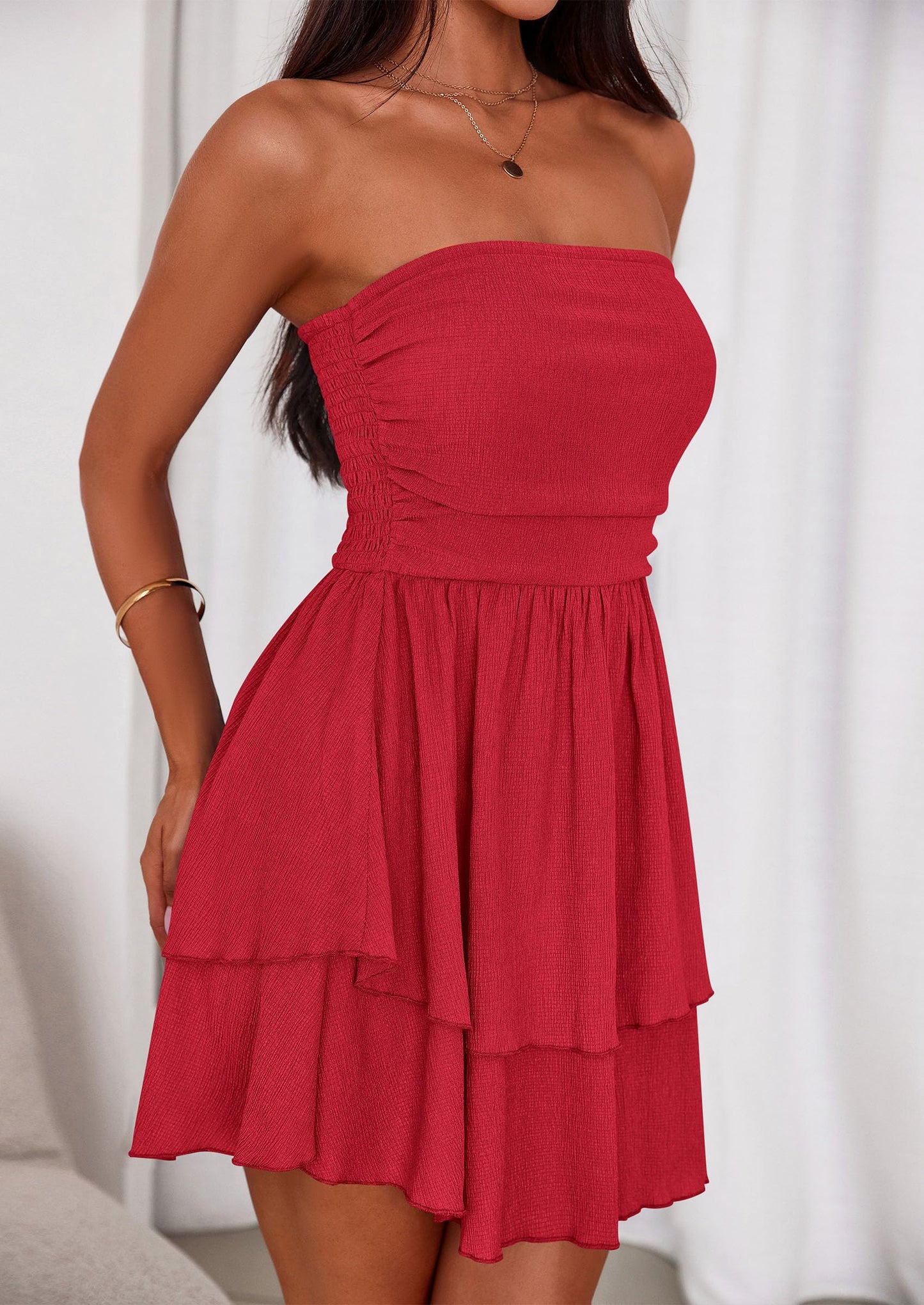 Women's Summer Strapless Tube Mini Dress Off Shoulder Smocked Ruffle A Line Flowy Short Party Club Dresses