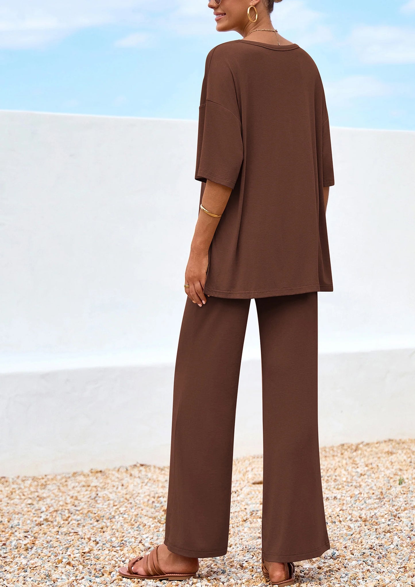 Women's 2 Piece Outfits Summer Casual V Neck Short Sleeve Tops Wide Leg Pants Matching Lounge Sets