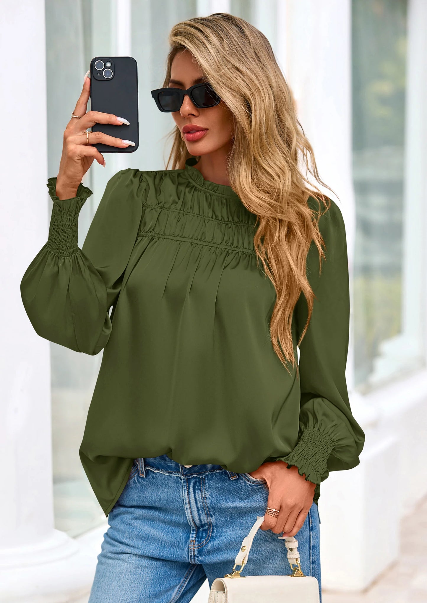 Blouses for Women Dressy Casual Fall Outfits Frill Neck Long Sleeve Shirts Satin Work Business Casual Tops
