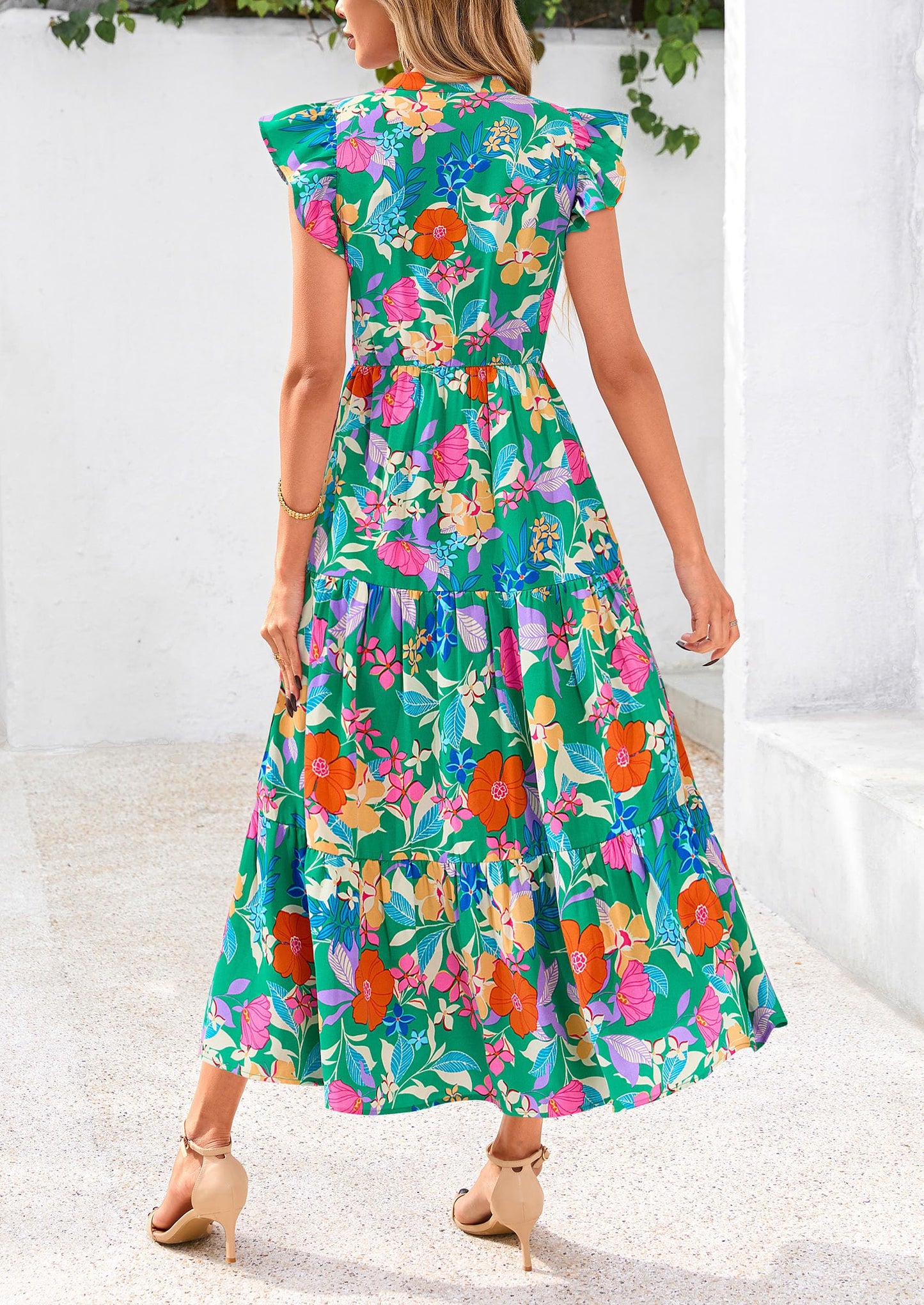 Women's Summer Floral Midi Dress Cap Sleeve V Neck Ruffle Long Flowy Boho Casual Beach Vacation Dresses