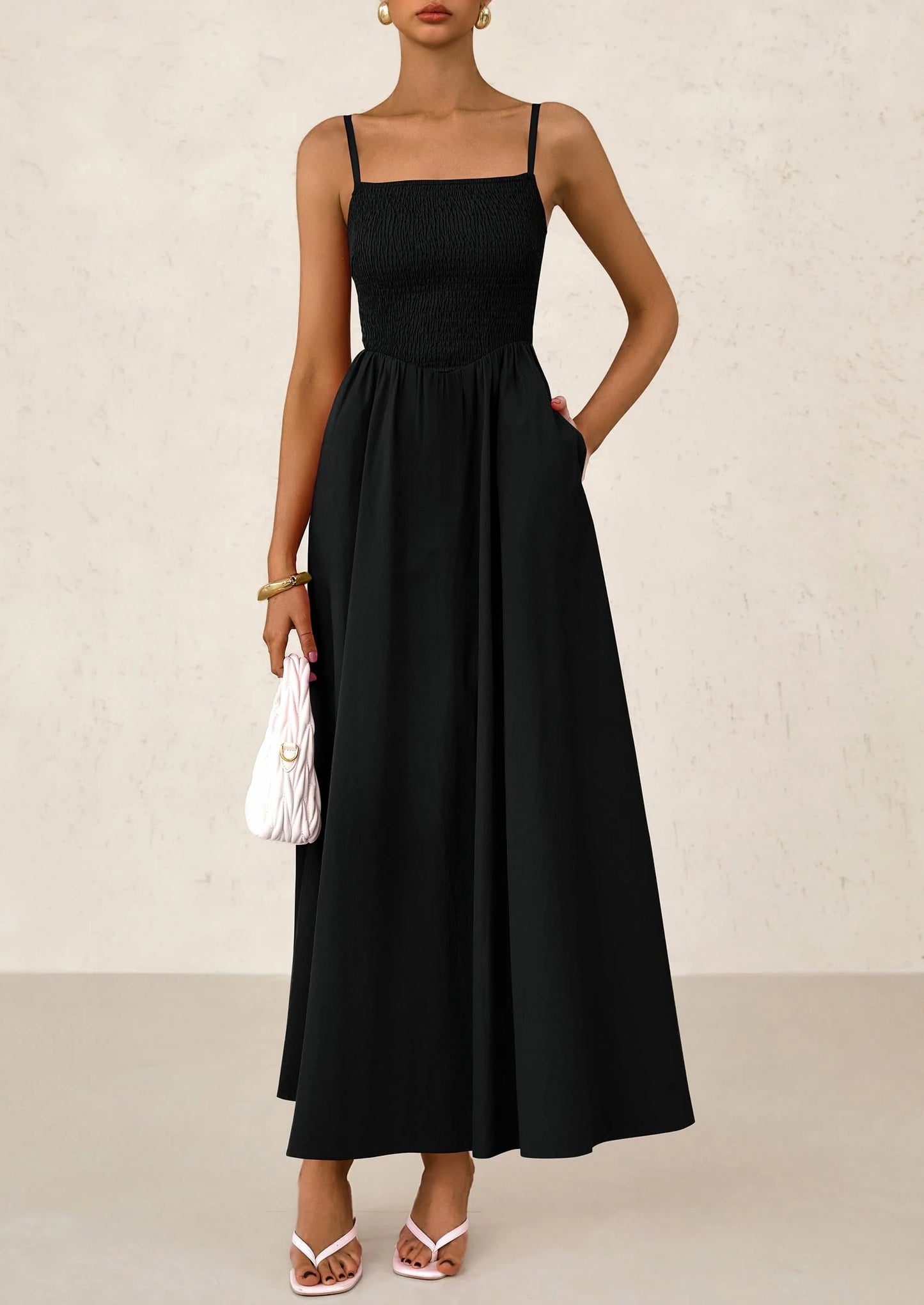 Women's Smocked Maxi Dresses Beach Sundress Casual Spaghetti Strap Swing A Line Long Flowy Dress