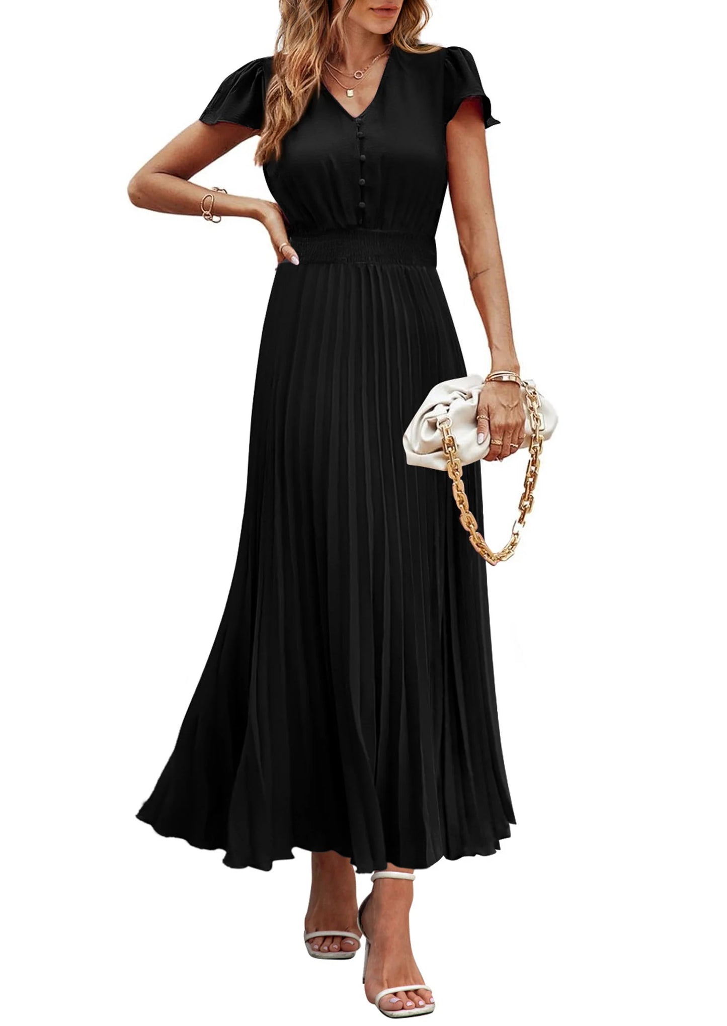 Women's Maxi Dresses Summer Trendy Cap Short Sleeve Button V Neck Casual Flowy Pleated Long Dress