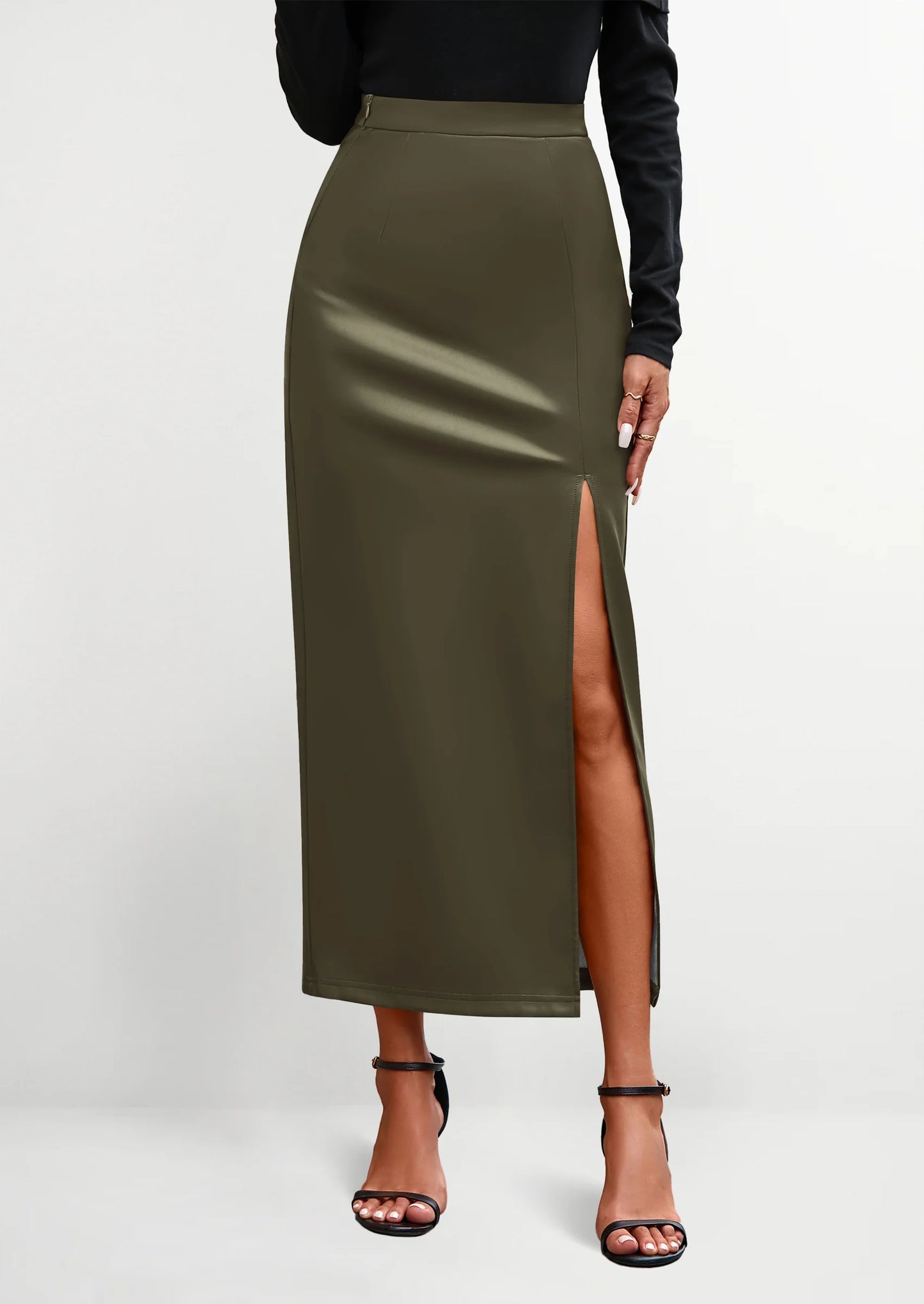 Womens Faux Leather Skirt Fall Bodycon High Waisted Slit Dressy Casual Winter Maxi Long Pencil Skirts