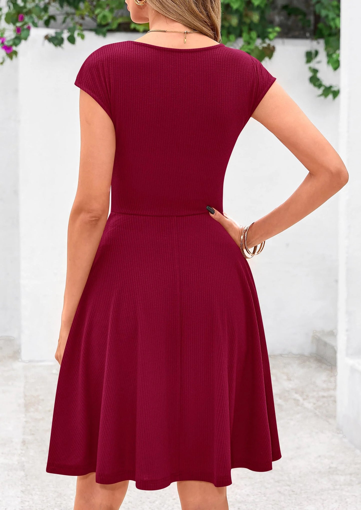 Womens Short Summer Dress Crewneck Cap Sleeve Ribbed Knit Casual Flowy A Line Mini Sundresses with Pockets