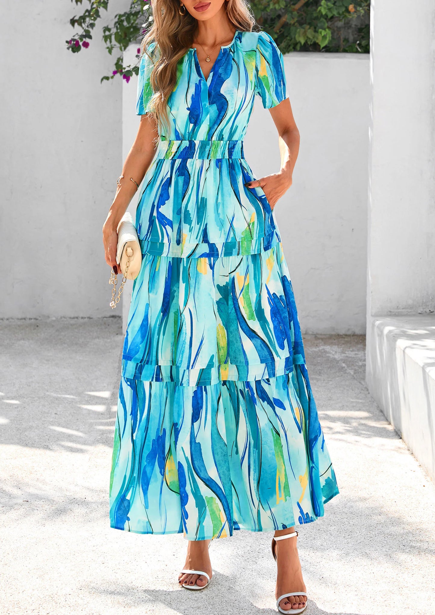 Women's Boho Maxi Dresses Floral Short Sleeve V Neck A Line Tiered Flowy Long Beach Vacation Dress
