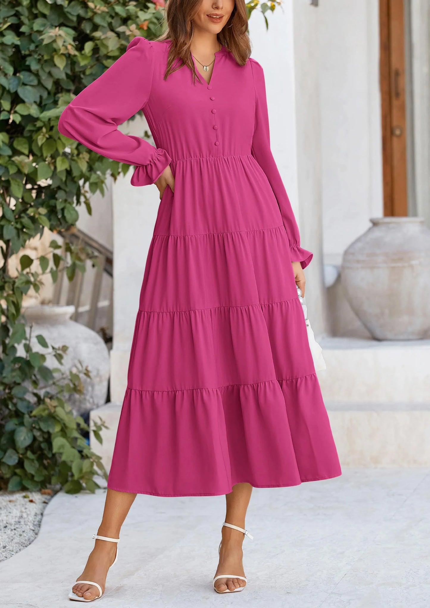 Women Fall Long Sleeve Smocked Maxi Dress Casual Square Neck Swiss Dot Tiered Ruffle Flowy Spring Pocket Dresses
