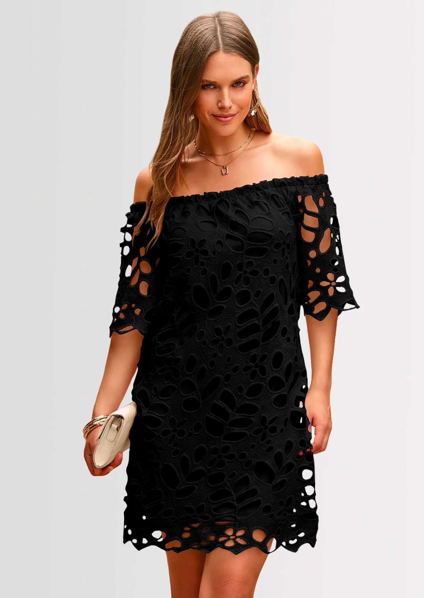 Women's Summer Off Shoulder Dresses Floral Lace Flare Short Sleeve Spring Vintage Elegant Mini Dress