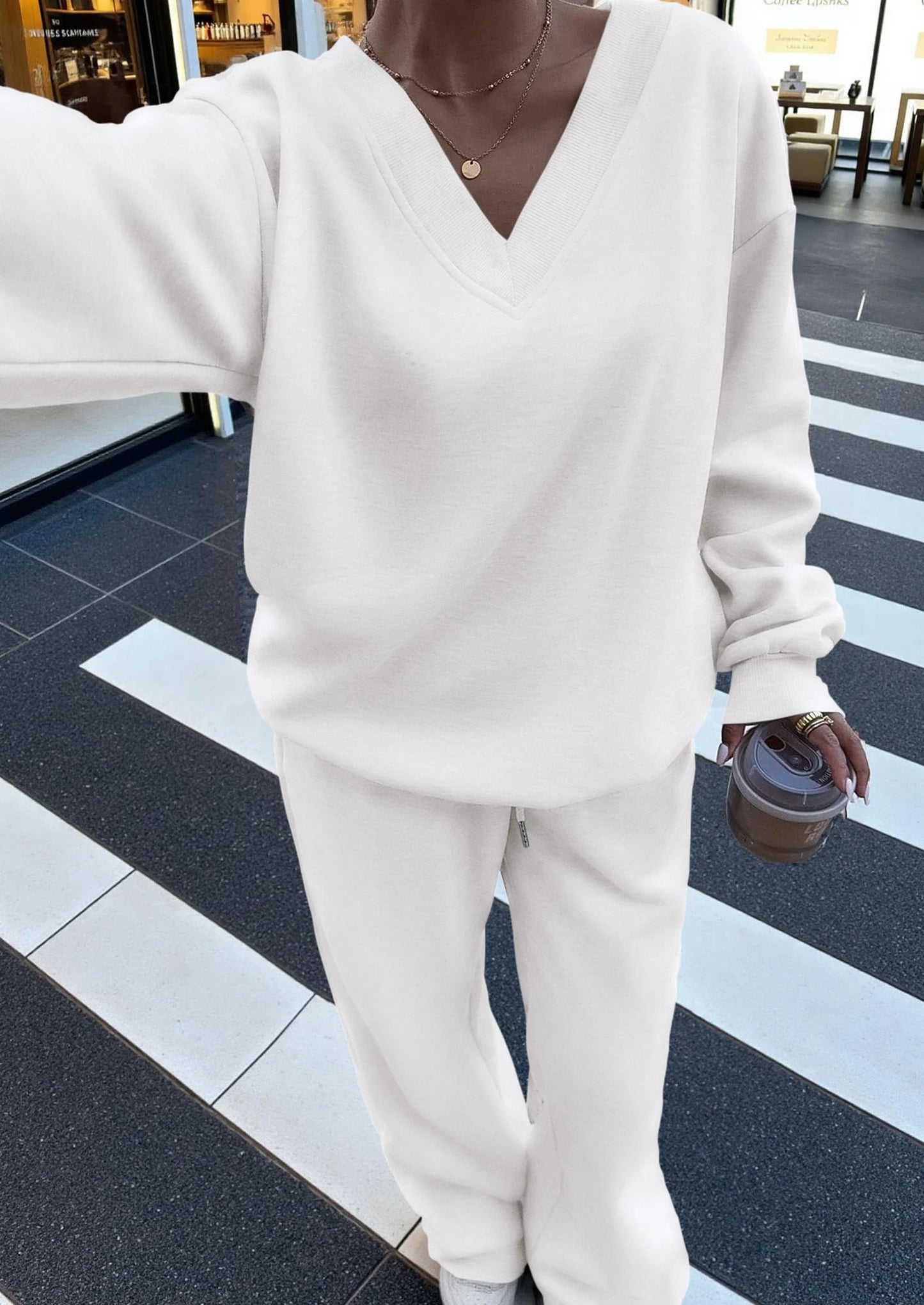Casual Winter Two Piece Sets for Women V Neck Sweatshirt Loose Wide Leg Pants Tracksuit Knit Fall Outfits