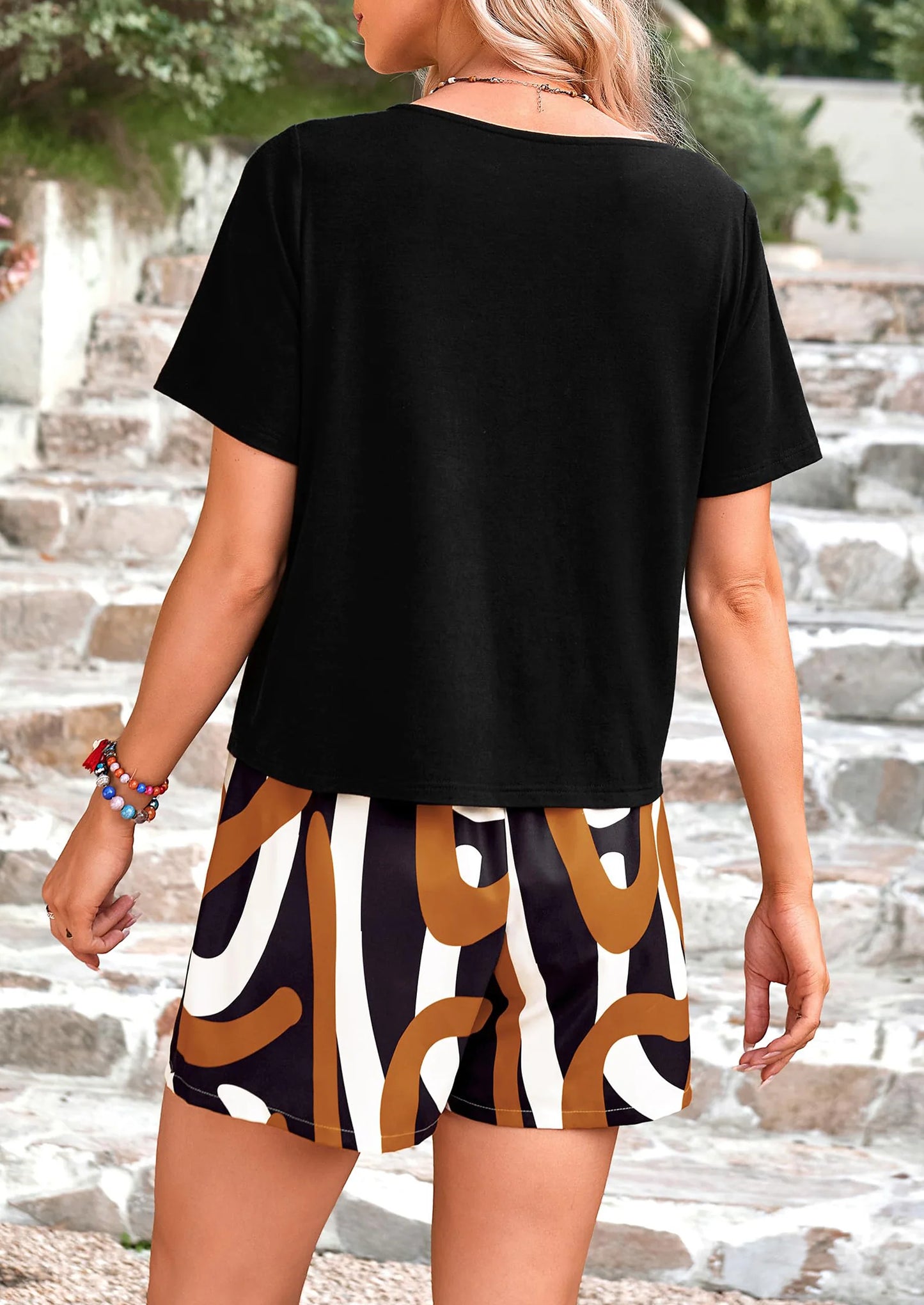 Women's Summer 2 Piece Outfits Lounge Sets Short Sleeve Tee Shirts Tops Blouses Pockets Printed Shorts Tracksuit