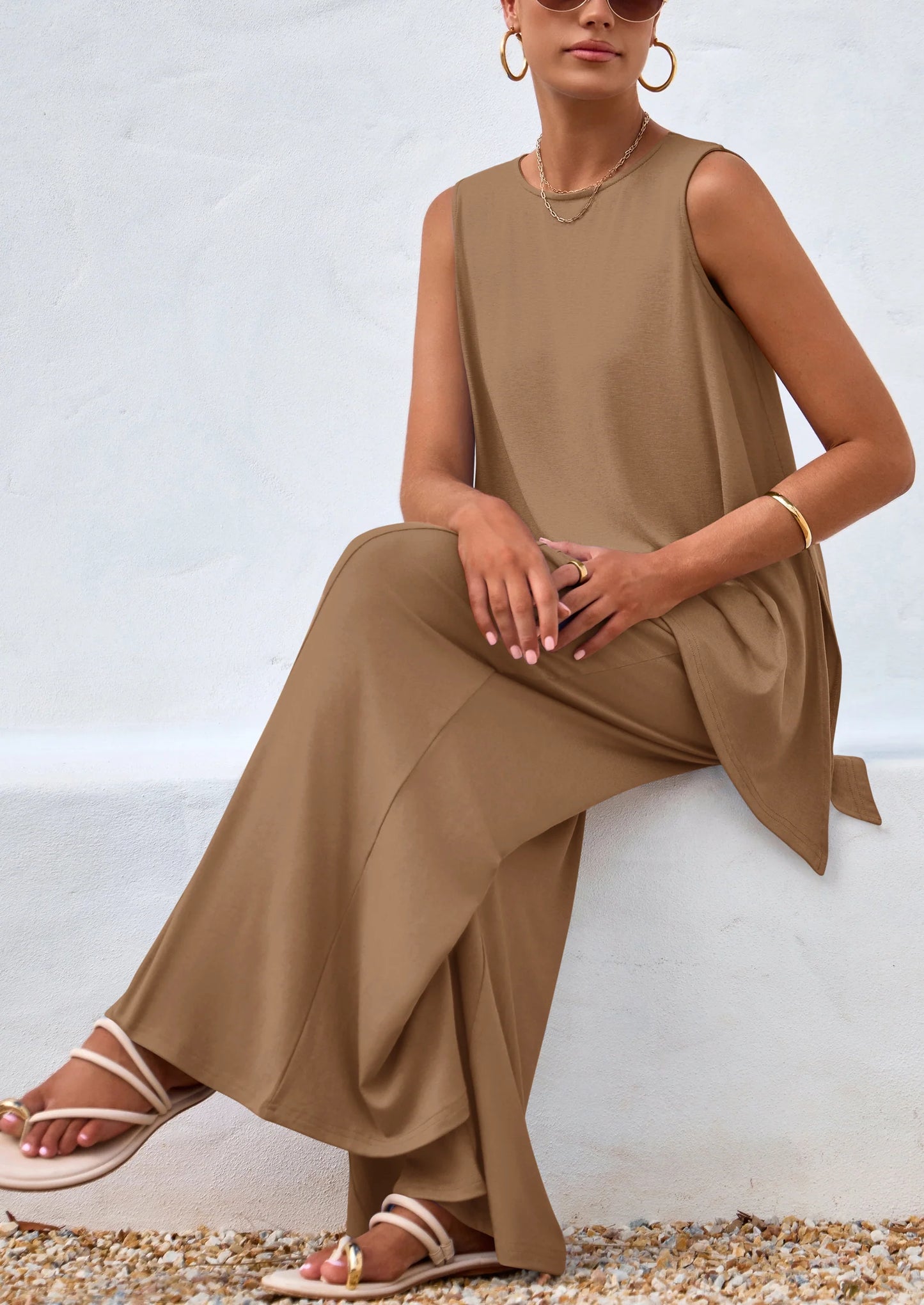 Women's Two Piece Matching Lounge Sets Asymmetrical Split Tank Tops Wide Leg Pants Summer Outfits Tracksuit