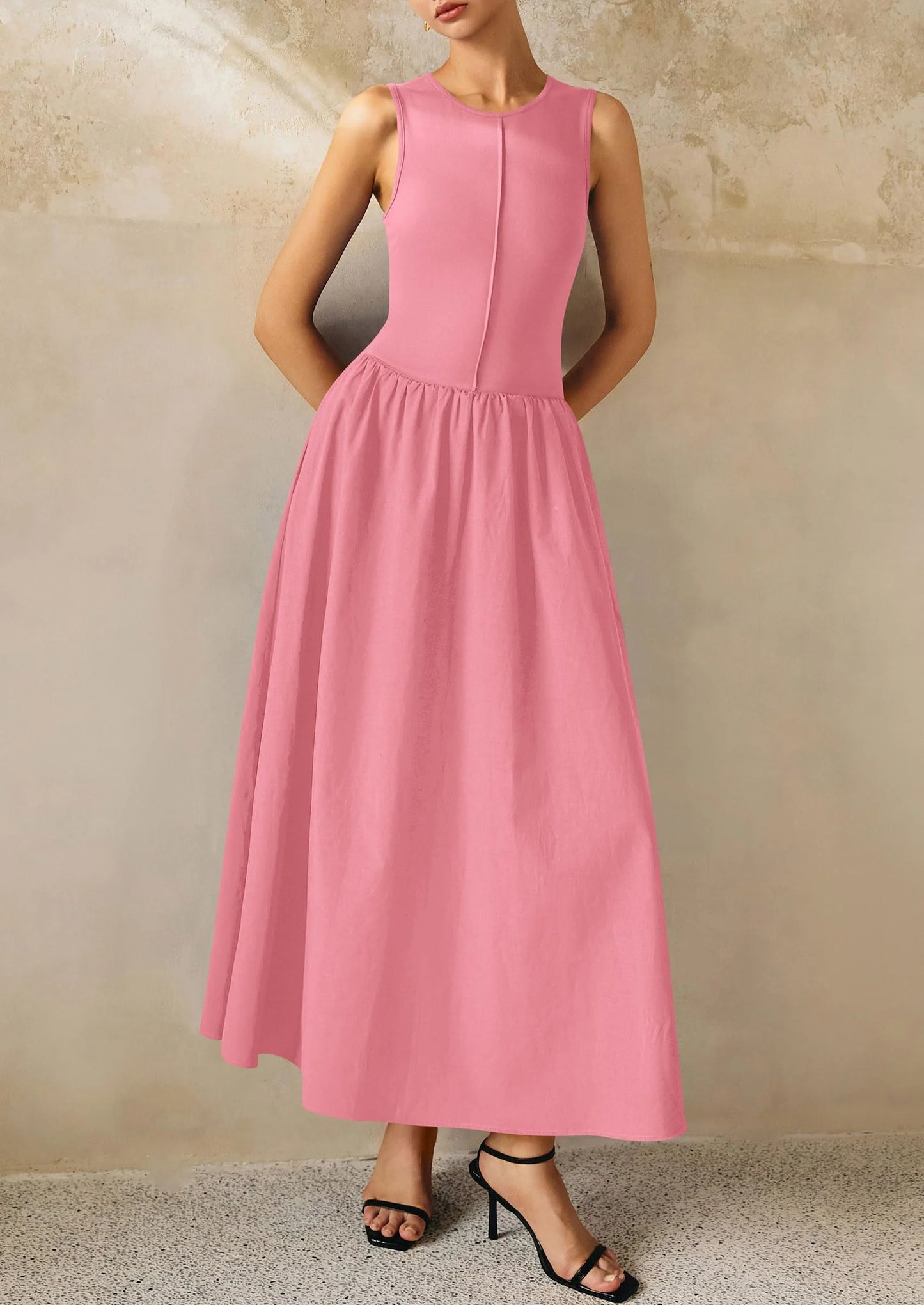 Women Maxi Dresses Casual Sleeveless Patchwork Knit Tank Dress Flowy Beach Sundress Long Dress