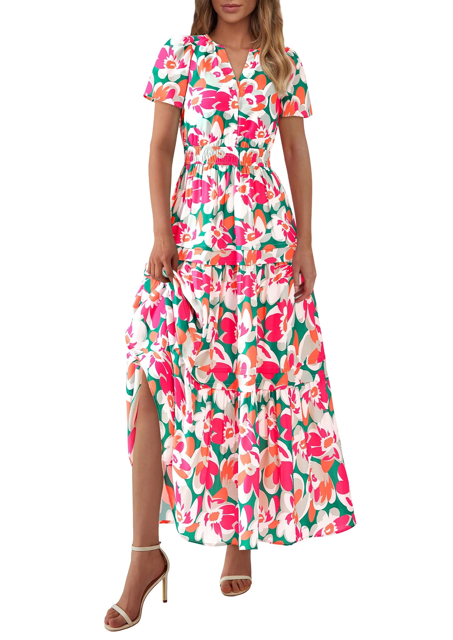 Women's Boho Maxi Dresses Floral Short Sleeve V Neck A Line Tiered Flowy Long Beach Vacation Dress