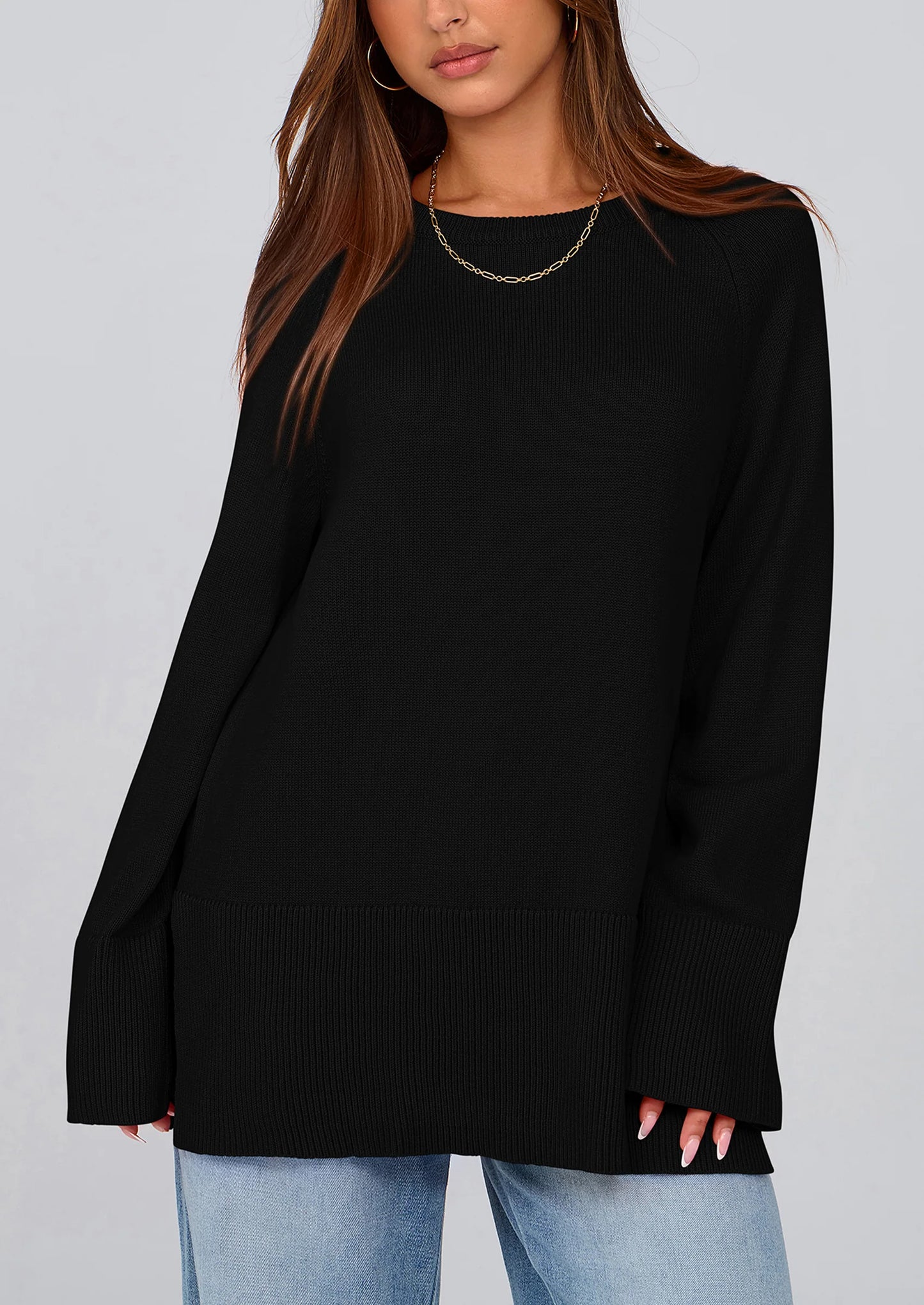 Women's Knit Fall Sweaters Long Sleeve Pullover Crewneck Split Hem Oversized Tunic Sweater Tops Winter Clothing