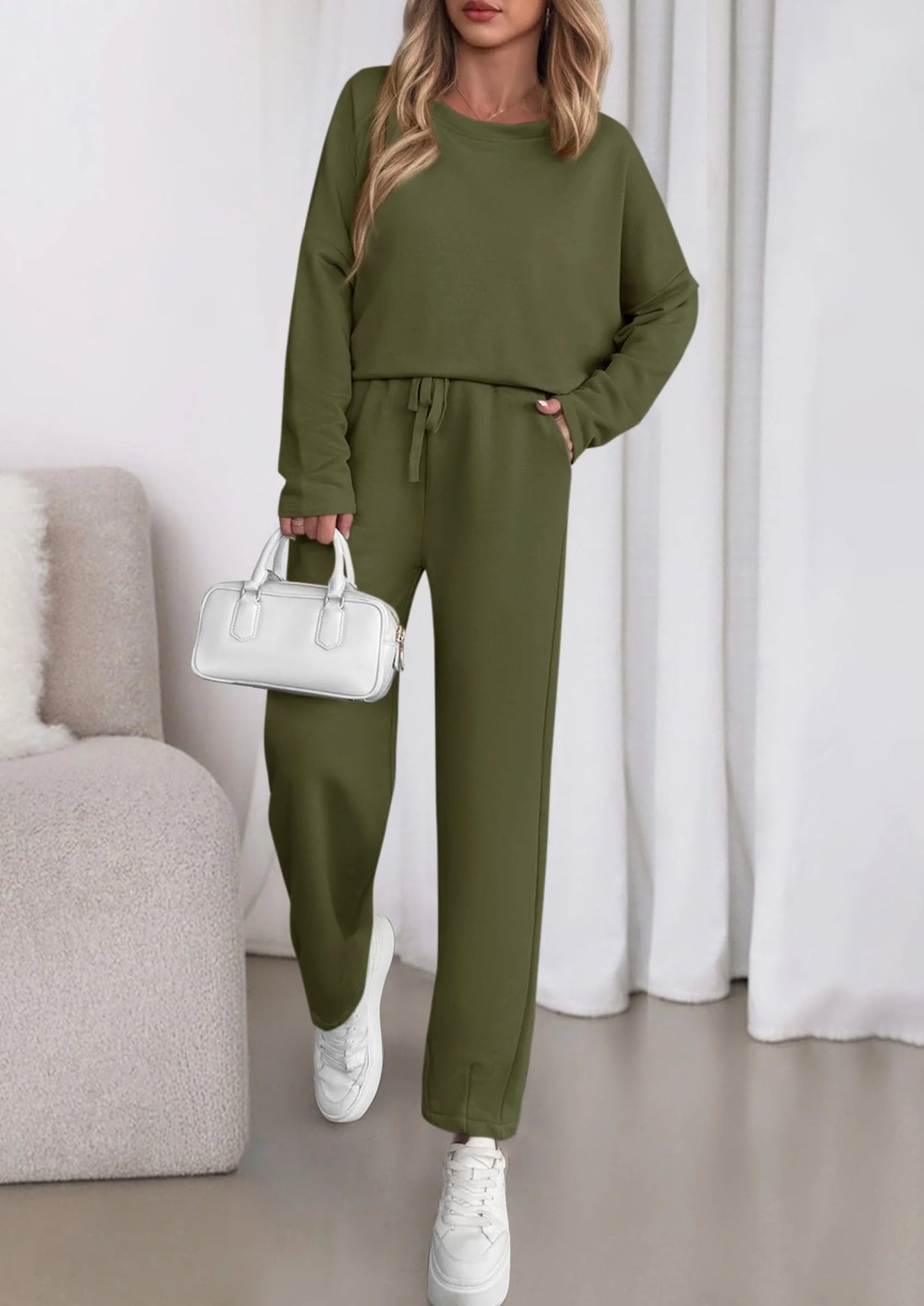 Womens 2 Piece Matching Lounge Sets Fall Long Sleeve Boatneck Sweatsuit Drawstring Sweatpants Pockets