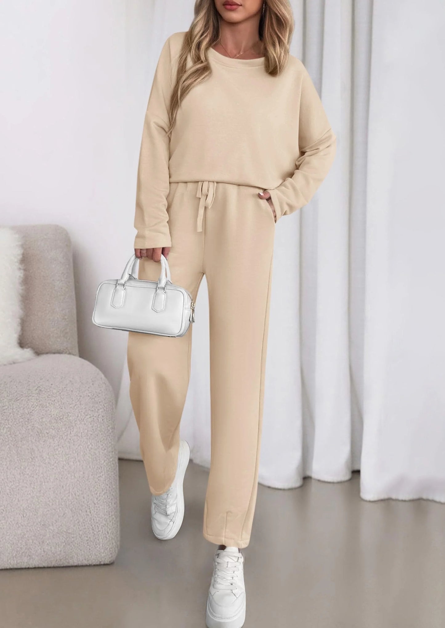 Womens 2 Piece Matching Lounge Sets Fall Long Sleeve Boatneck Sweatsuit Drawstring Sweatpants Pockets