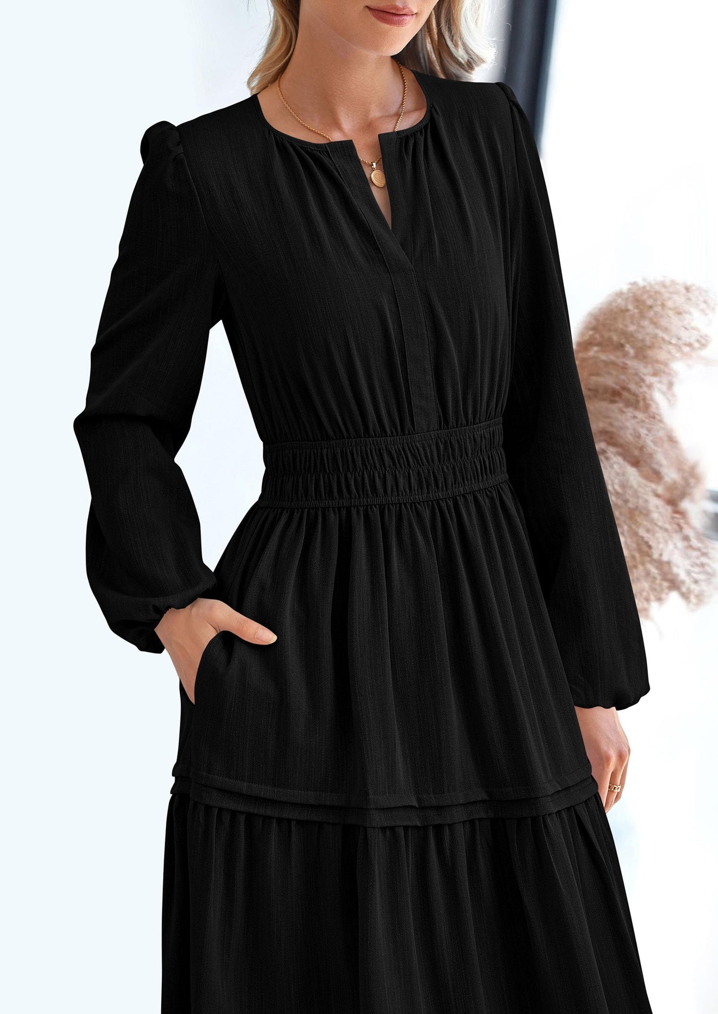 Women's Elegant Maxi Dresses Long Sleeve V Neck Flowy Pockets Casual Modest Dress Fall Fashion Clothes