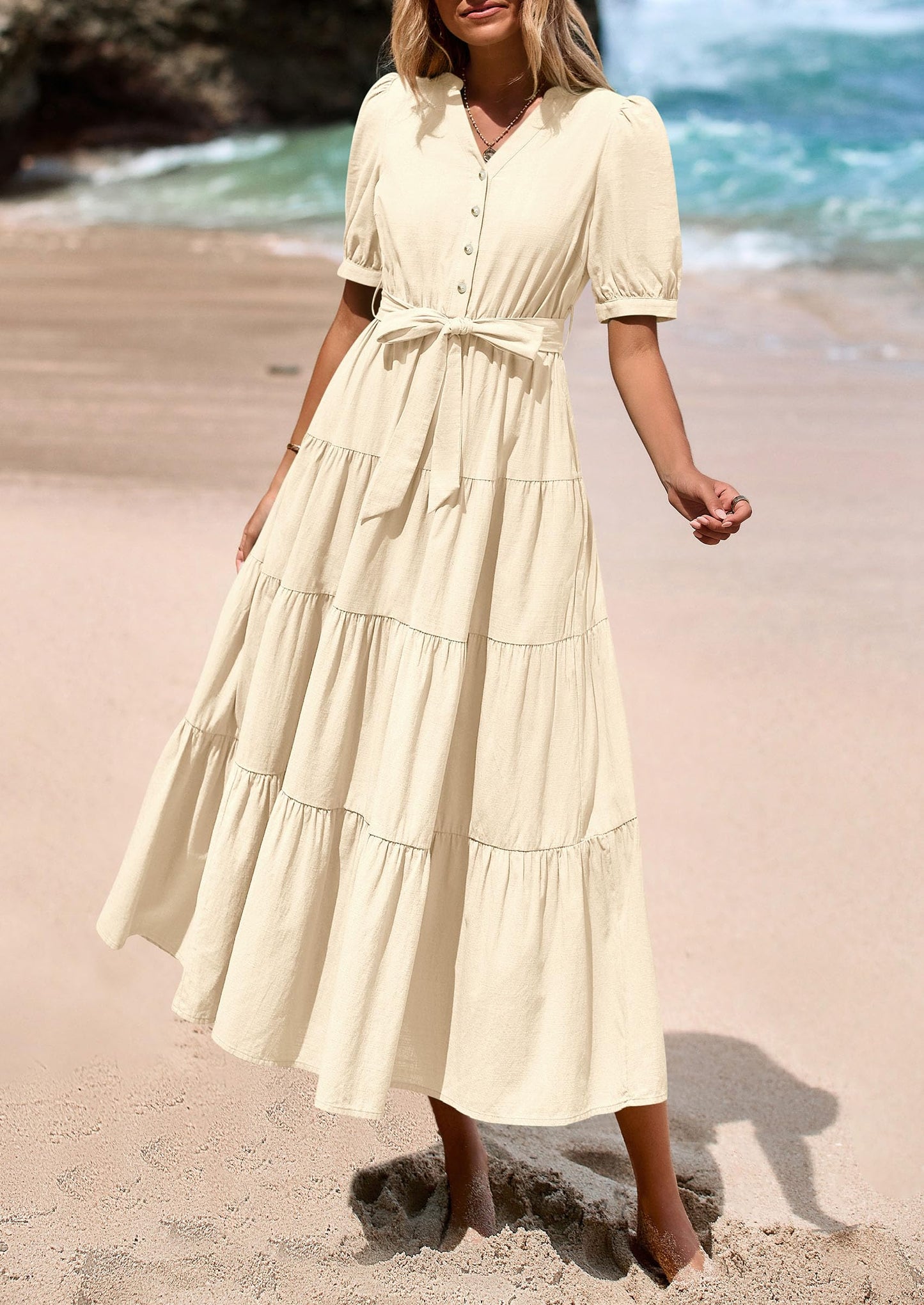 Women's Midi Dress Casual Short Sleeve V Neck Buttons Belted Ruffle A Line Flowy Dress with Pockets