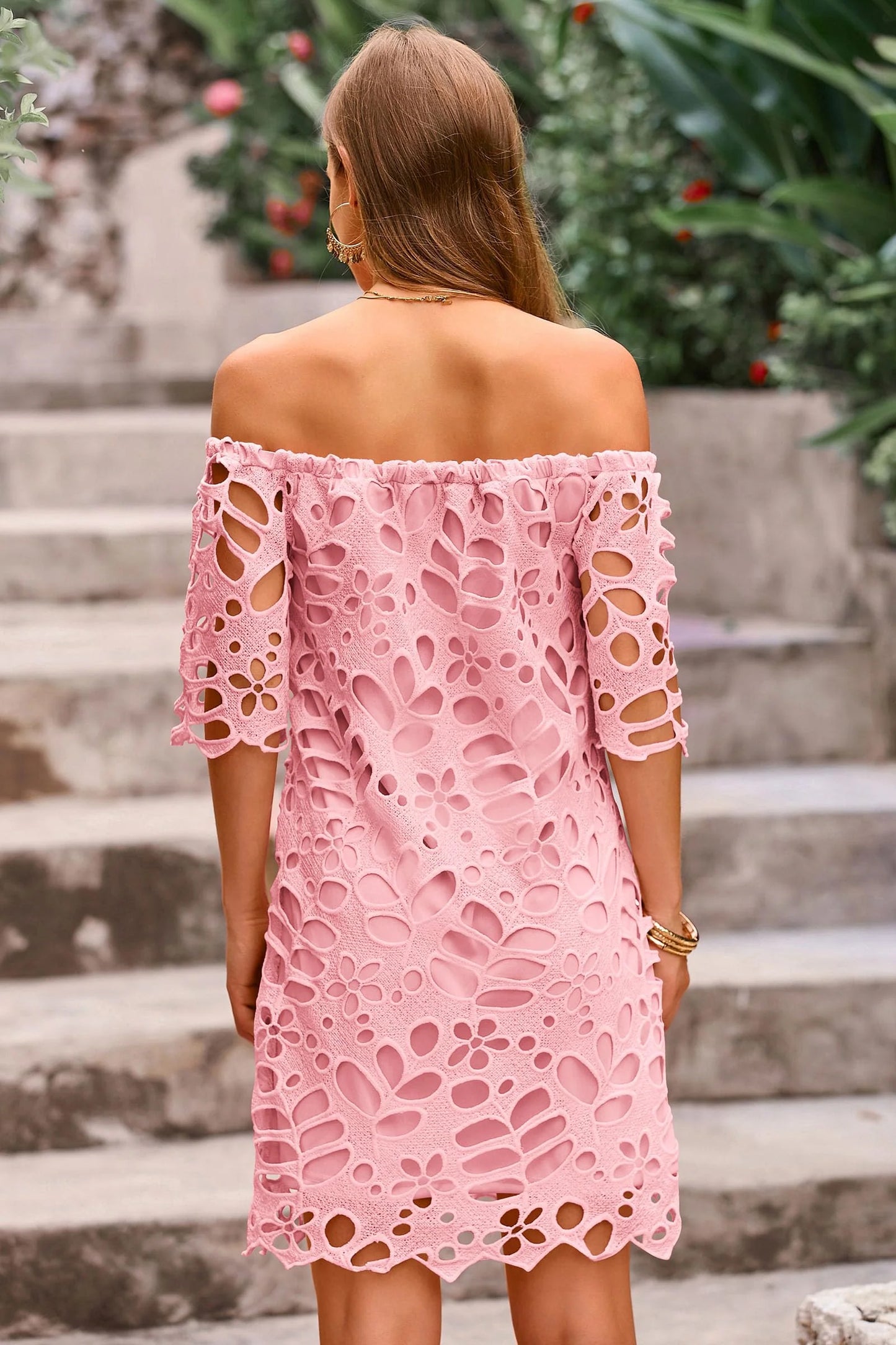 Women's Summer Off Shoulder Dresses Floral Lace Flare Short Sleeve Spring Vintage Elegant Mini Dress