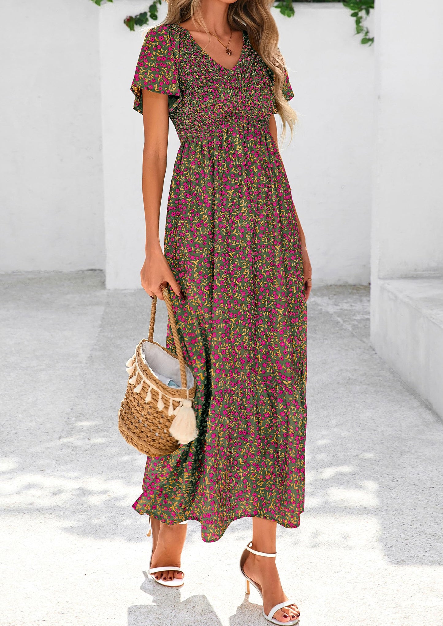Women Floral Boho Maxi Dresses Short Sleeve V Neck Smocked A Line Long Flowy Beach Vacation Dress