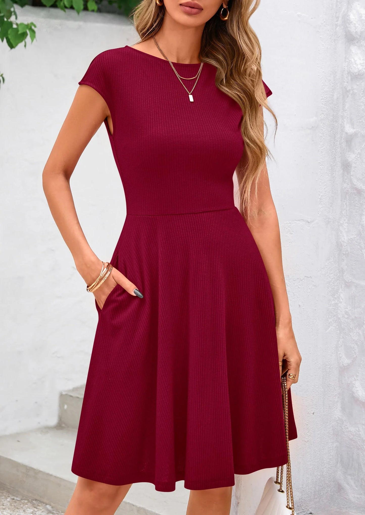 Womens Short Summer Dress Crewneck Cap Sleeve Ribbed Knit Casual Flowy A Line Mini Sundresses with Pockets