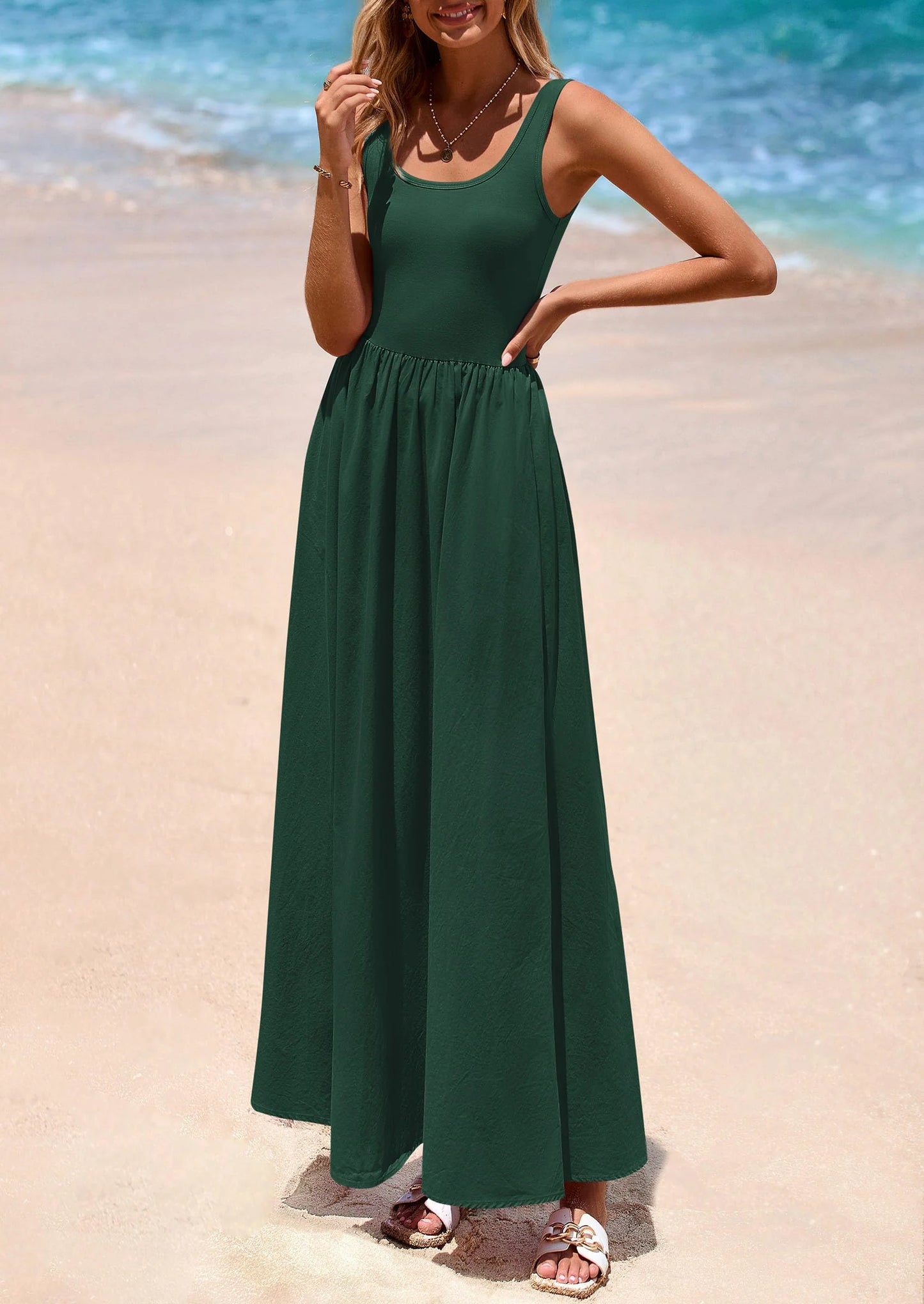 Womens Summer Casual Scoop Neck Sleeveless Long Dresses Tank Top Patchwork Aline Swing Maxi Dress with Pockets