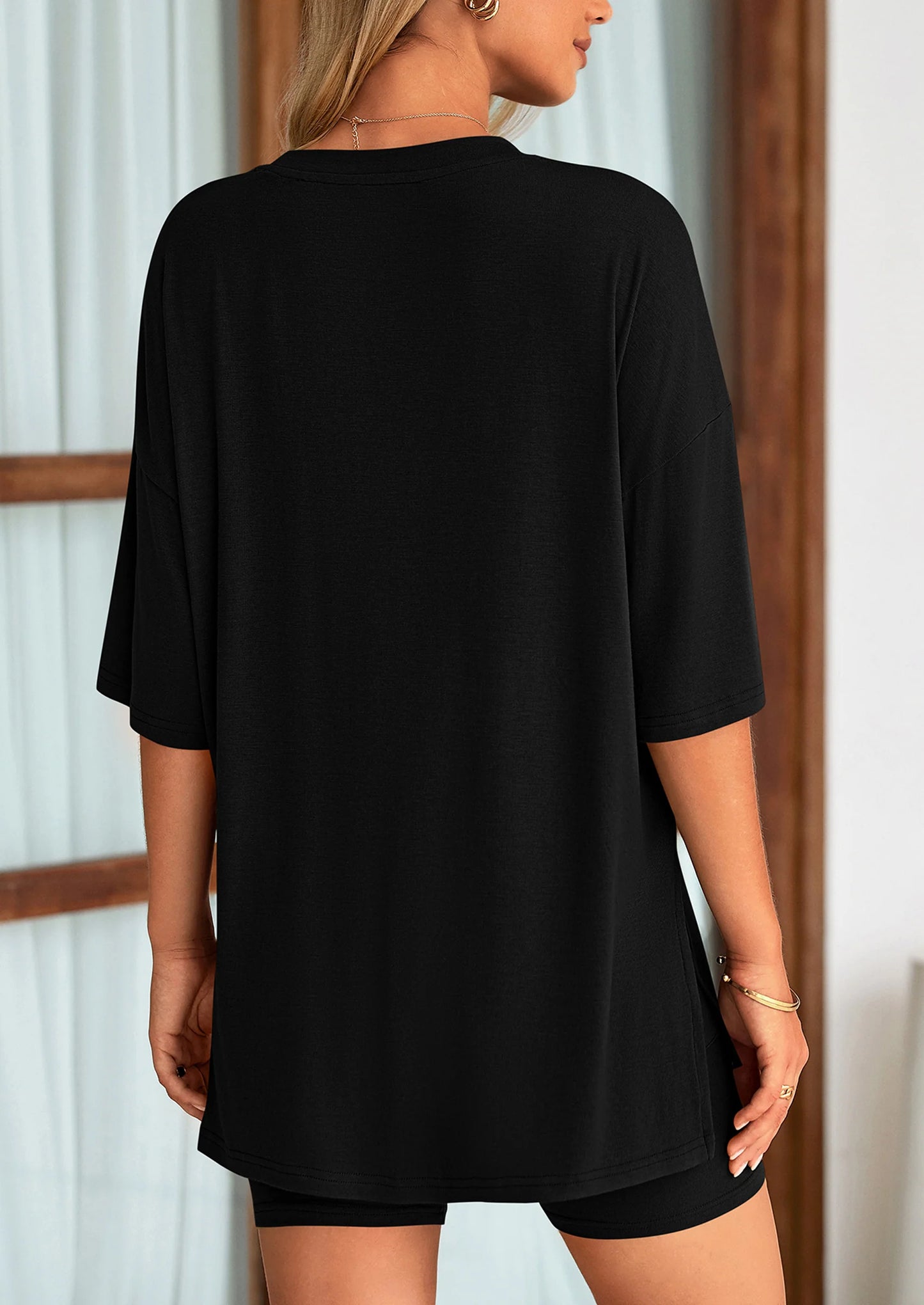 Women's Two Piece Lounge Set Summer Casual Oversized Shirts Biker Shorts Matching Airport Travel Outfit