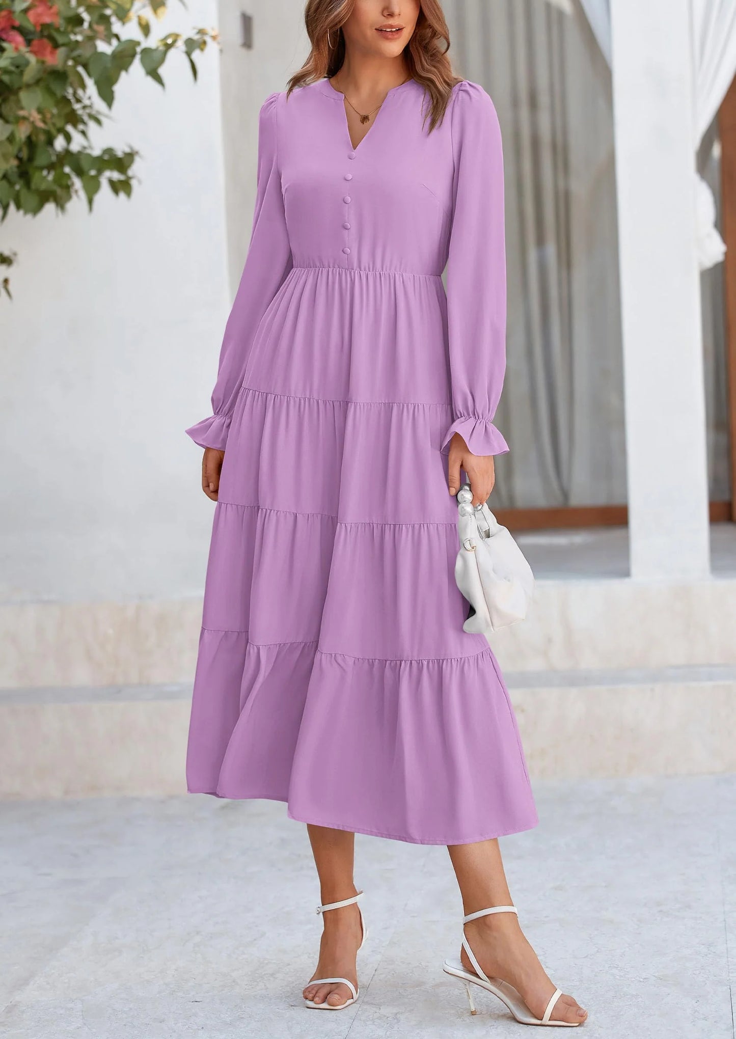 Women Fall Long Sleeve Smocked Maxi Dress Casual Square Neck Swiss Dot Tiered Ruffle Flowy Spring Pocket Dresses