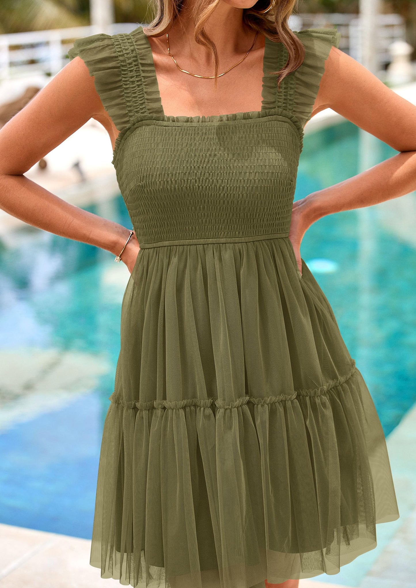 Womens Trendy Mini Summer Dresses Sleeveless Tulle Ruffle Square Neck Tiered Smocked Beach Vacation Dress