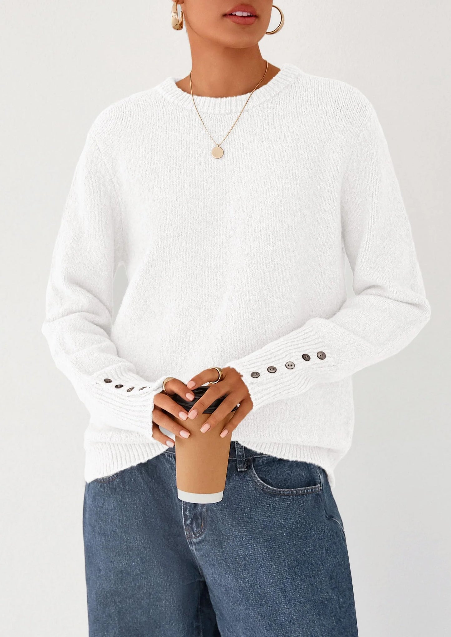 Womens Sweaters Fall Fashion Casual Crewneck Pullover Button Long Sleeve Cute Knit Tops Winter Clothes