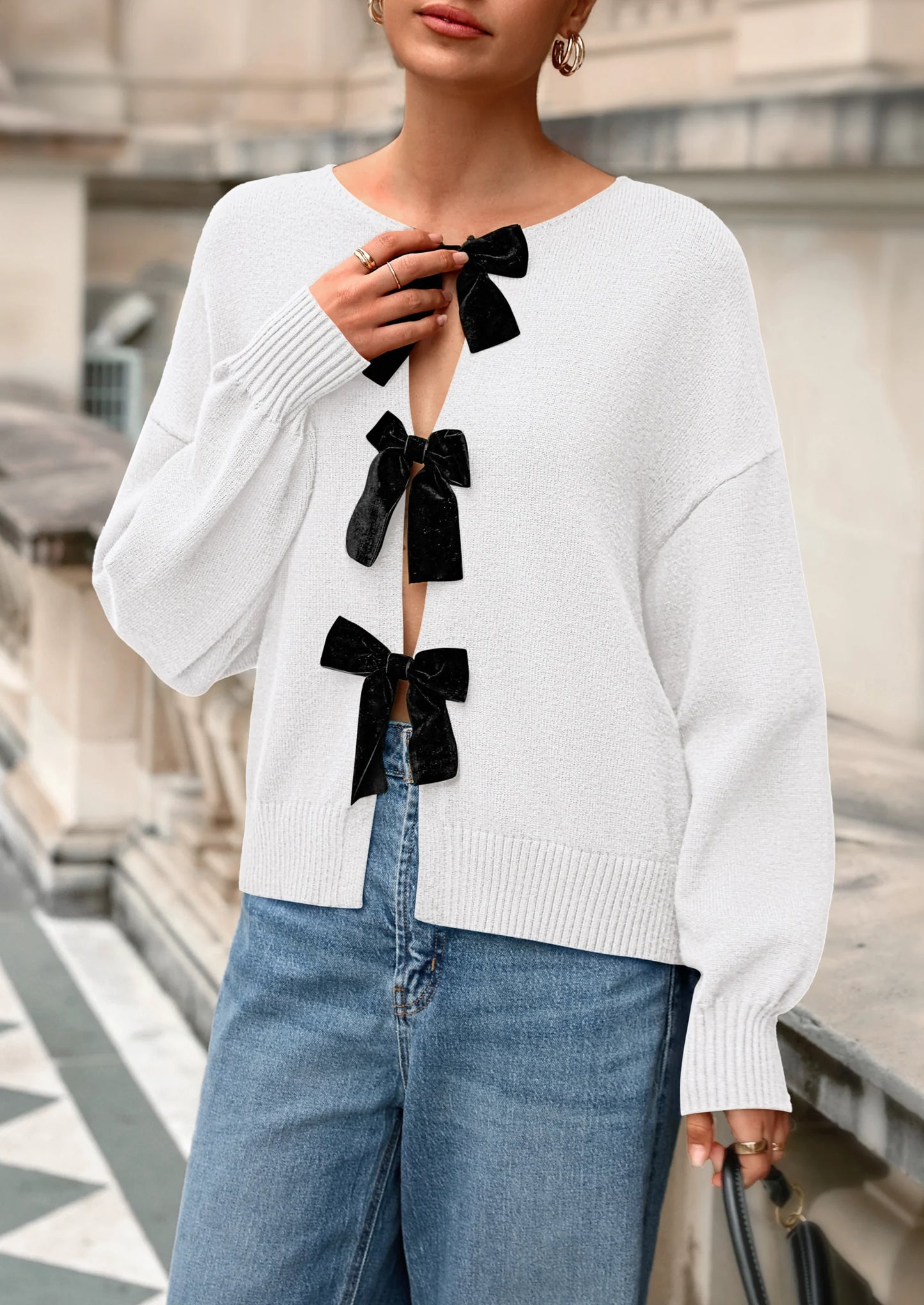 Cardigan Sweaters for Women Fall Bow Tie Front Long Sleeve Knit Sweater Tops Cute Going Out Outfits