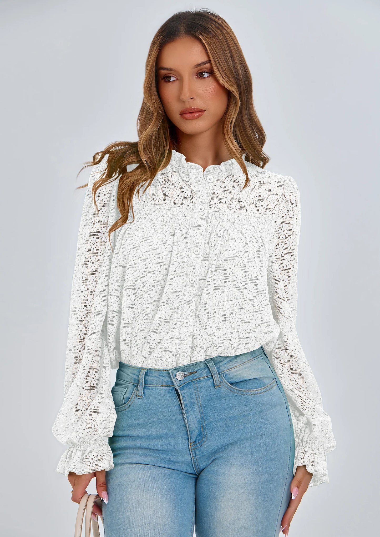 Lace Long Sleeve Tops for Women Eyelet Blouses Dressy Casual Hollow Out Button Down Shirts Summer Outfits