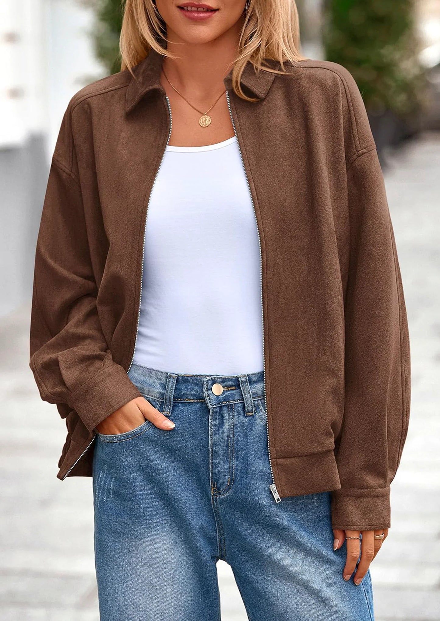 Women's Faux Suede Motorcycle Jacket Trendy Fall Fashion Oversized Zip Up Coats Winter Clothes Outerwear