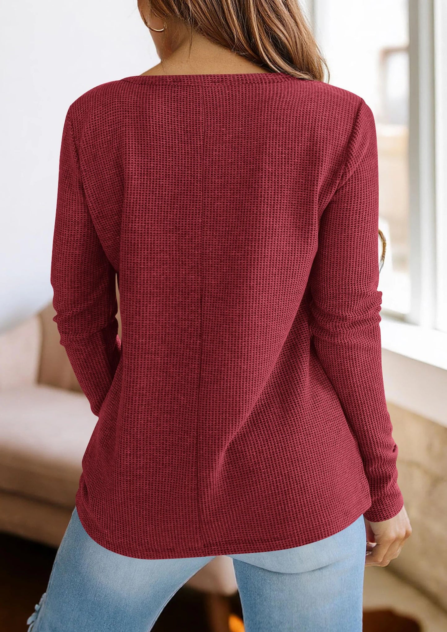 Long Sleeve Shirts for Women Fall V Neck Waffle Basic Tee Dressy Casual Winter Blouses Knit Tunic Tops
