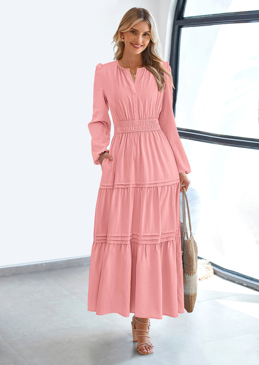 Women's Elegant Maxi Dresses Long Sleeve V Neck Flowy Pockets Casual Modest Dress Fall Fashion Clothes
