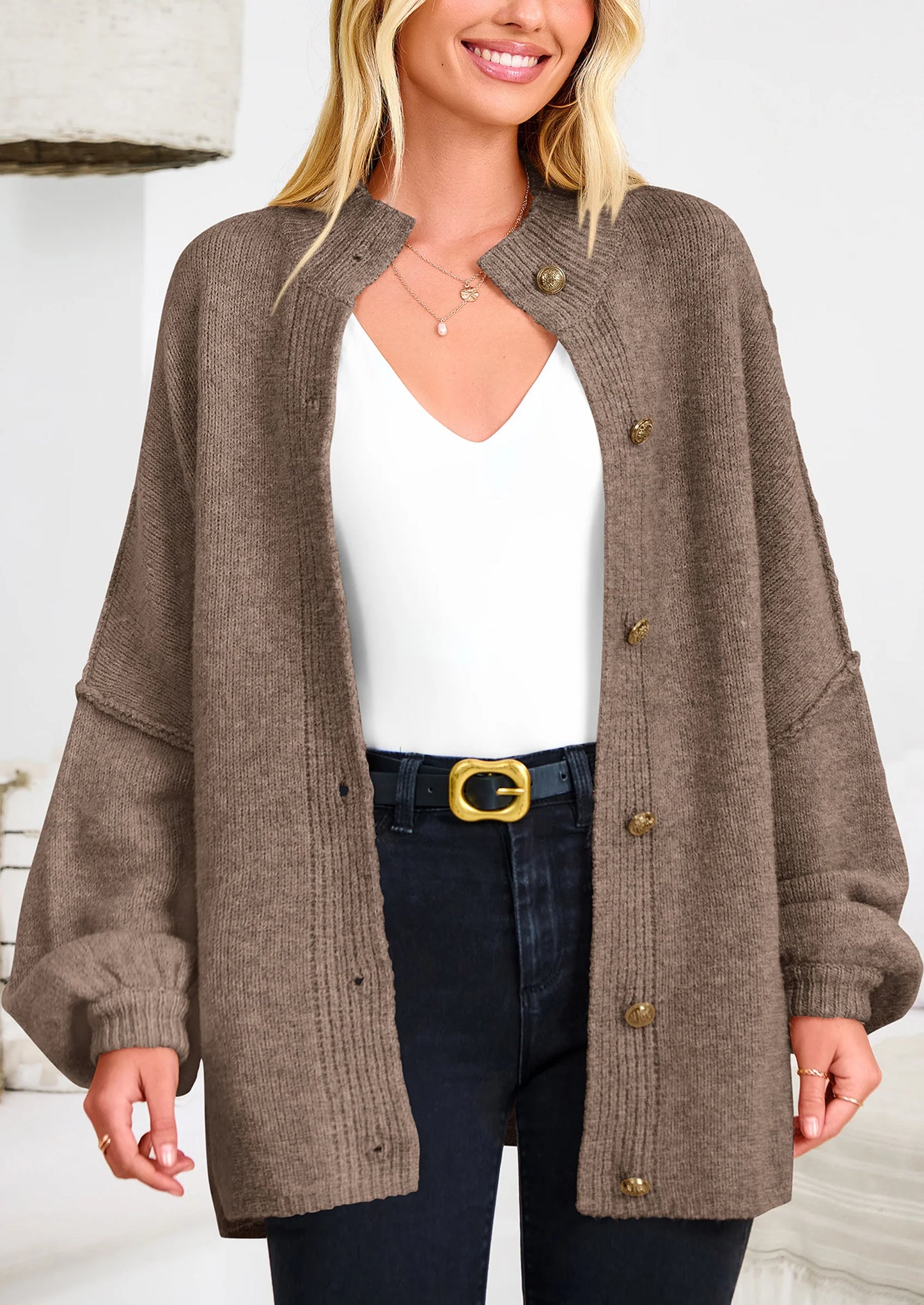 Women's Winter Button Down Cardigan Sweaters Mock Neck Lantern Long Sleeve Chunky Knit Jacket Trendy Outerwear