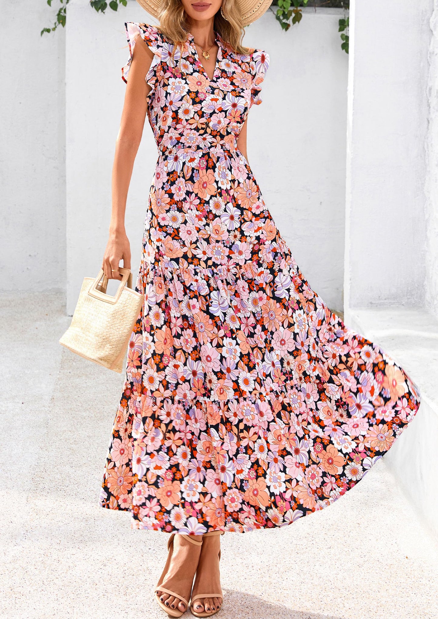 Women's Summer Floral Midi Dress Cap Sleeve V Neck Ruffle Long Flowy Boho Casual Beach Vacation Dresses