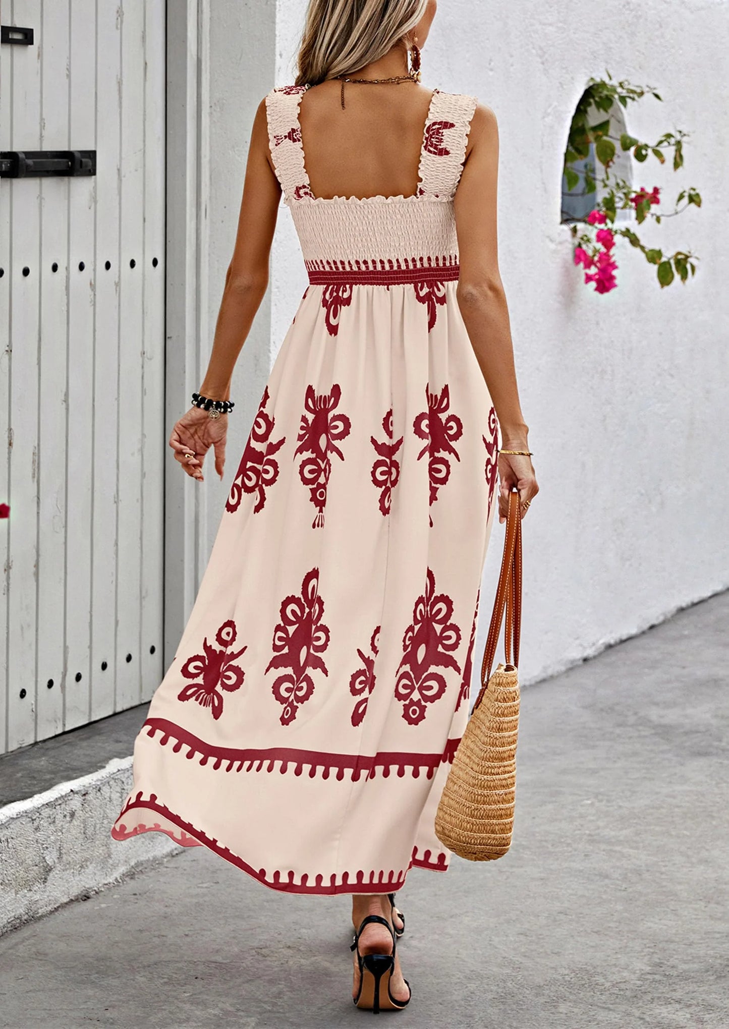 Womens Summer Boho Maxi Dress Casual Sleeveless Square Neck Floral Aline Smocked Beach Dresses with Pockets
